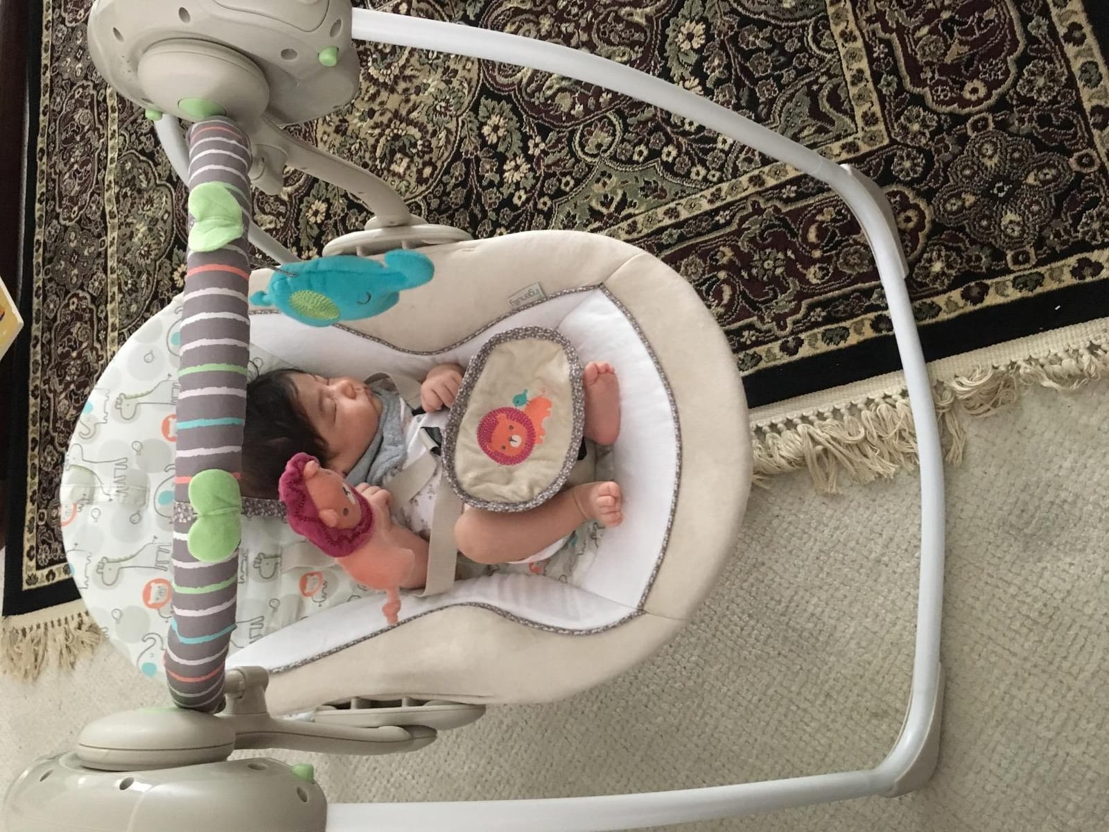 Ingenuity Soothe 'n Delight Compact Portable 6-Speed Plush Baby Swing with Music, Folds Easy, 0-9 Months 6-20 lbs (Cozy Kingdom) customer photo 2