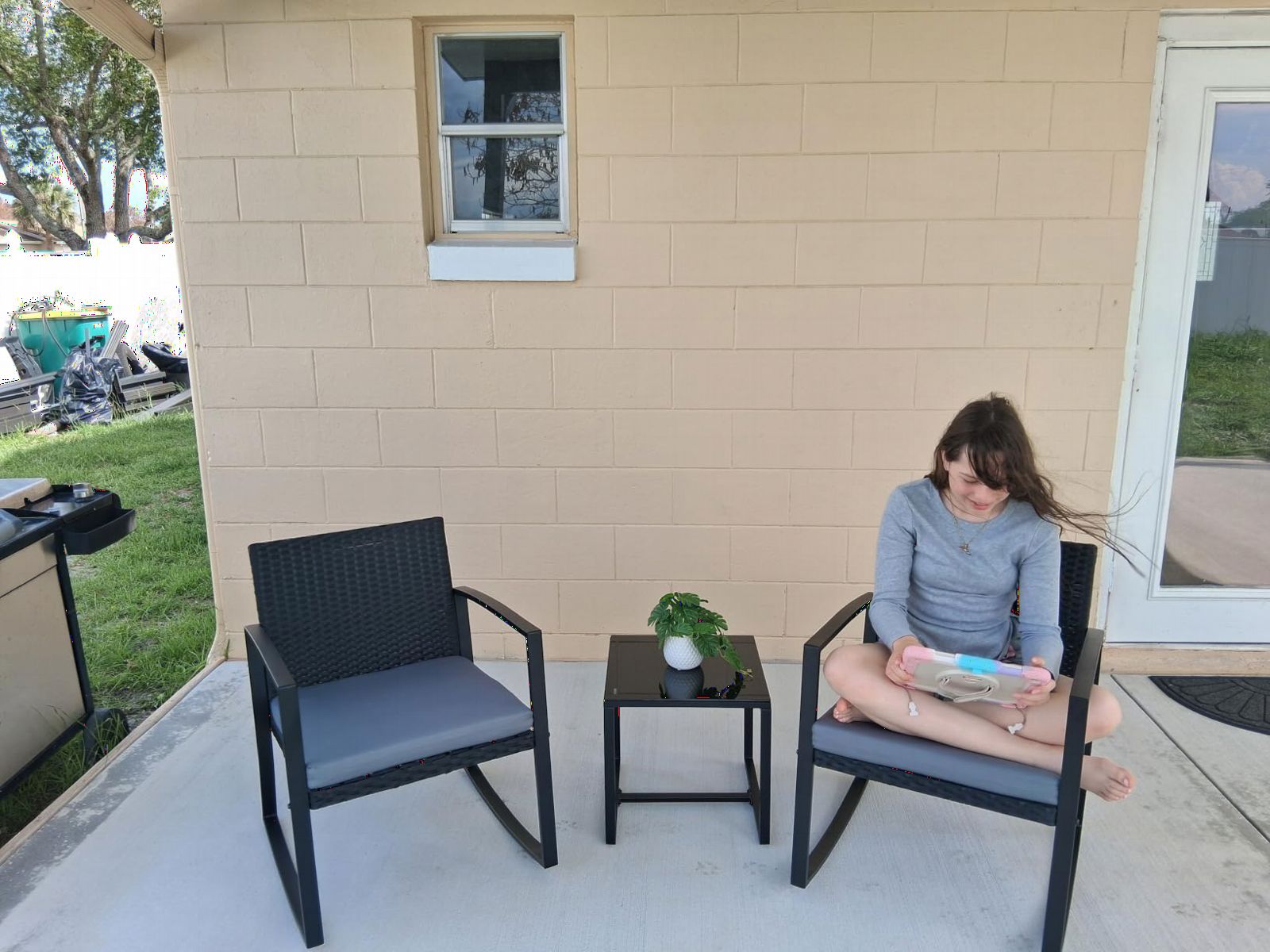 Qsun 3 Pieces Patio Furniture Set Rocking Bistro Set Outdoor Rattan Conversation with Coffee Table for Garden Balcony Backyard Poolside (Grey Cushion) customer photo 2