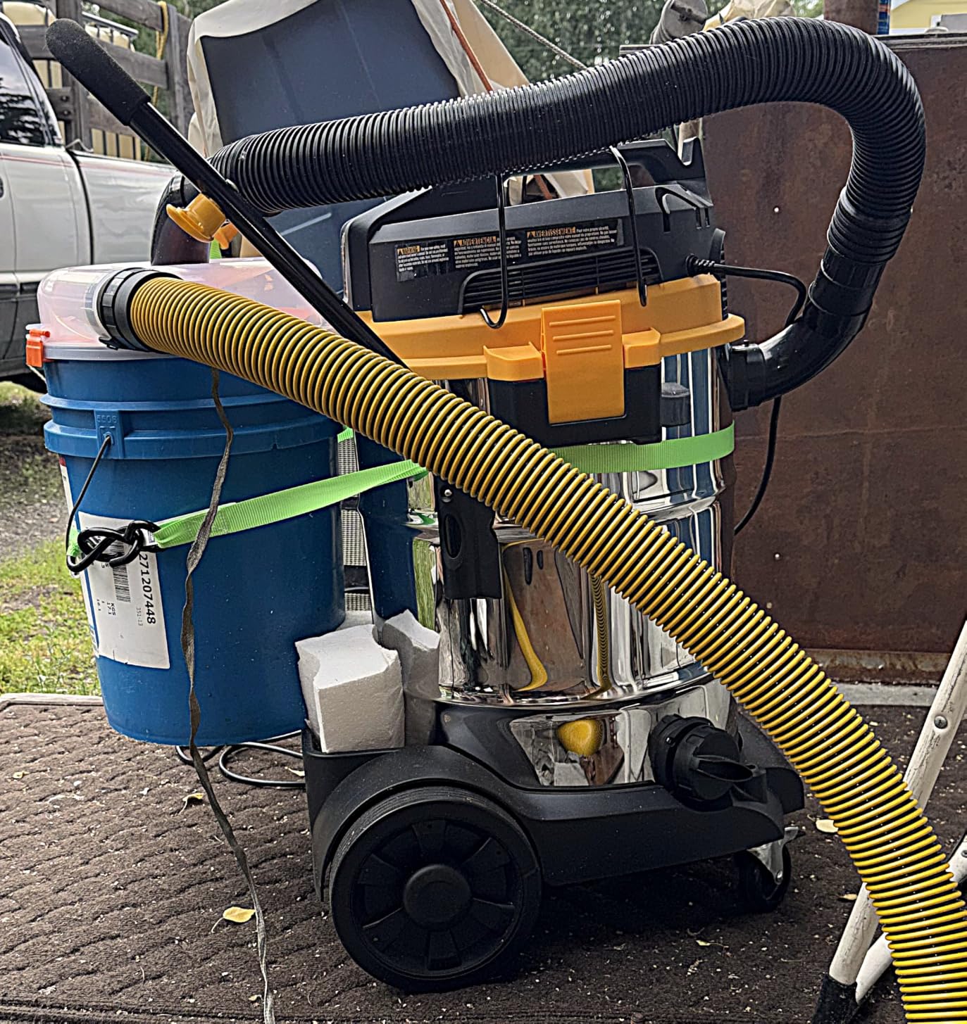 The Dustopper PRO, Low-Profile Dust Separator for Shop Wet/Dry Vacuums with at least 5HP. Includes High-Flow 90 Degree Sweep Elbows and Connection Hose. Fits Standard 5 Gallon Buckets, Made in USA customer photo 1