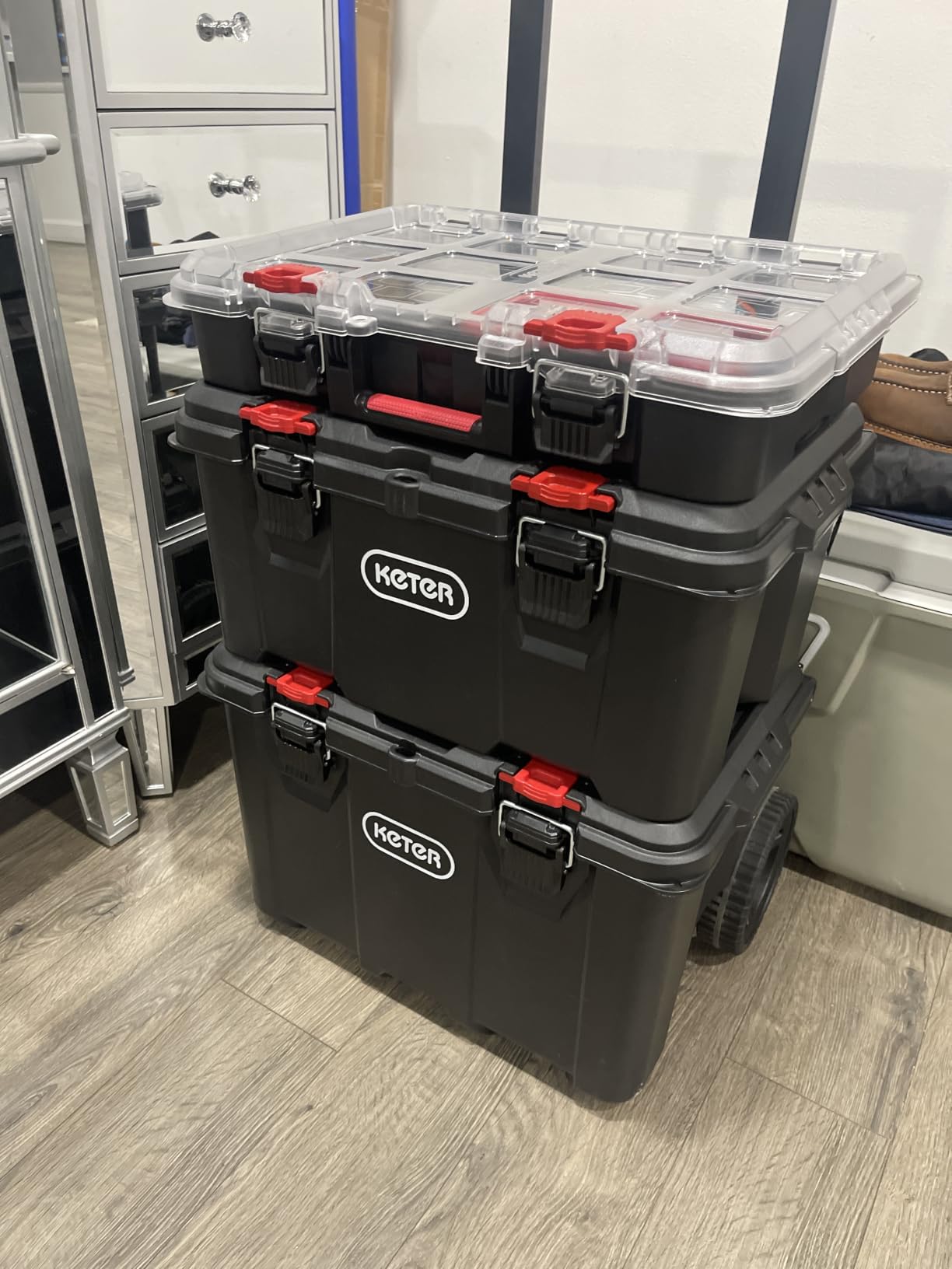 Keter Stack N Rolling Tool Box Modular Storage System 3 Piece | Black and Red, Heavy Duty, Weatherproof, All Terrain Wheels, Durable, Easy to Use, Telescoping Handle customer photo 2