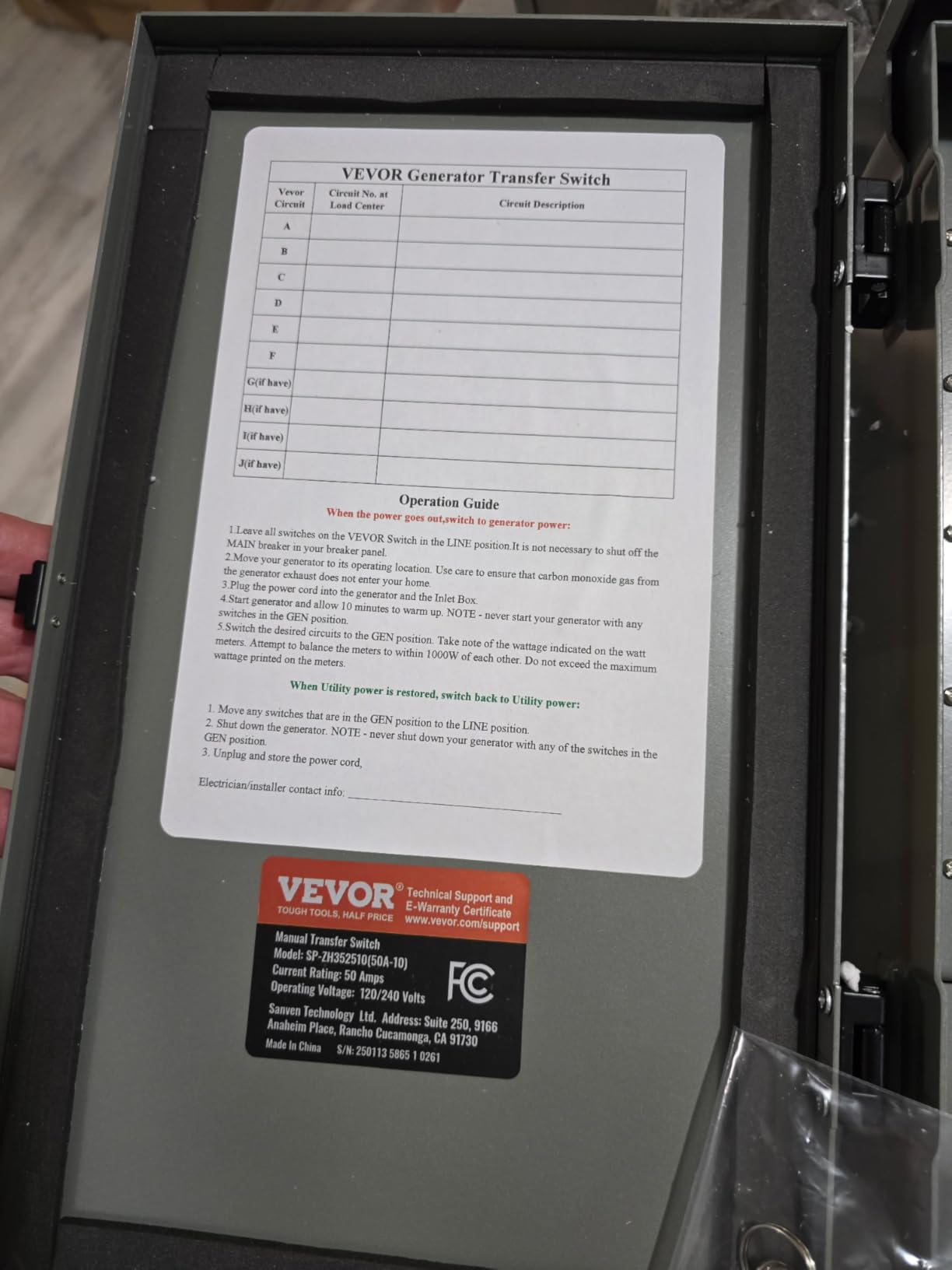 VEVOR Manual Transfer, 50-Amp 10-Circuit, Prewired Generator Transfer Kit with CS6375 Plug Power Inlet Box, Double-Throw, NEMA 3R, Mechanical Watt Meter, for 12500W Generators customer photo 1