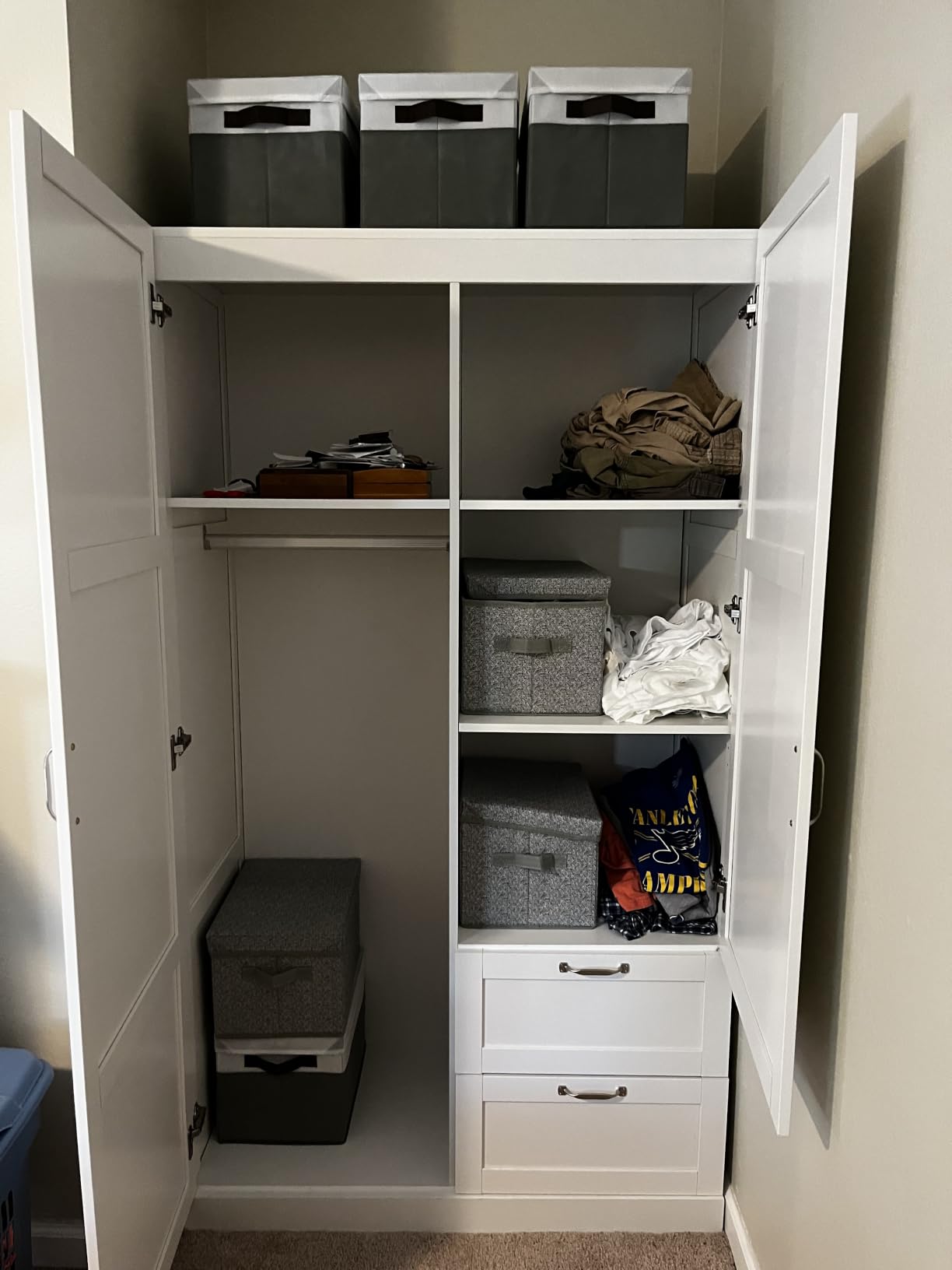 Sauder Select Multipurpose Bedroom Armoire Wardrobe Closet Pantry Storage Cabinet with Storage Drawers and Hanging Rail, in Soft White finish customer photo 1