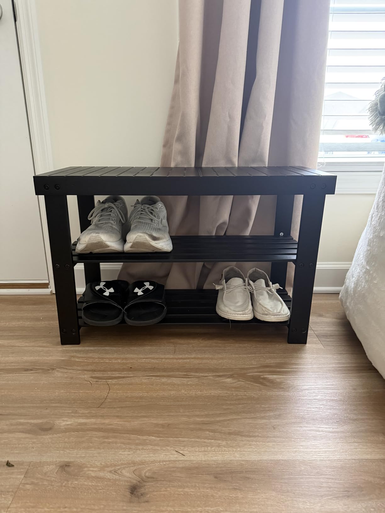 SONGMICS Shoe Rack Bench, 3-Tier Bamboo Entryway Bench, 27.6 Inches Width customer photo 2