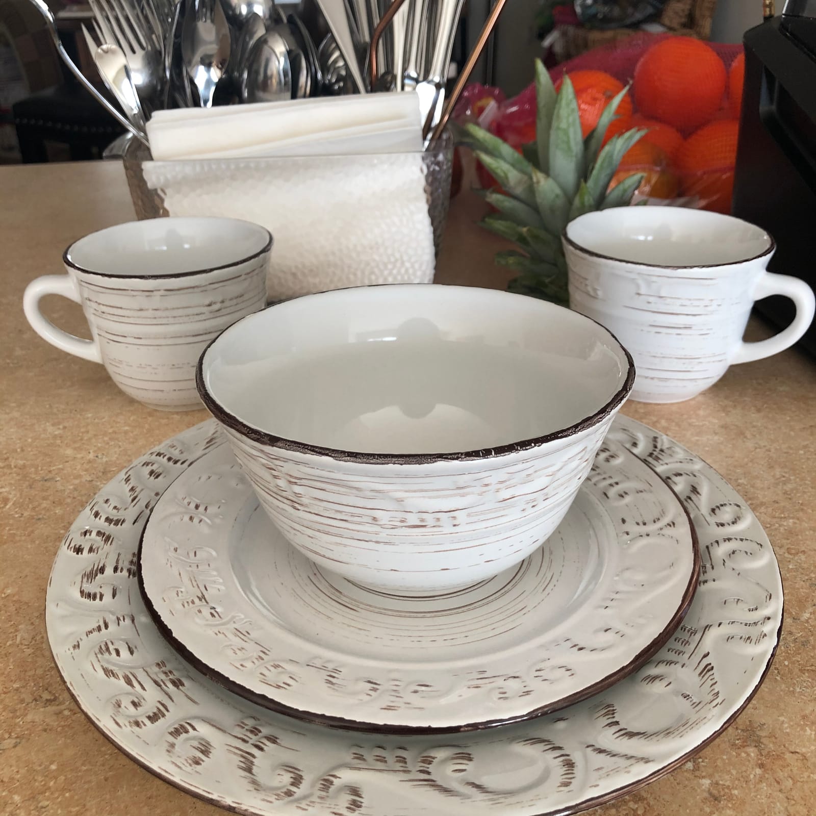 Pfaltzgraff Trellis White 16-Piece Stoneware Dinnerware Set, Service for 4, Distressed White Finish, Microwave & Dishwasher Safe Plates and Bowls customer photo 1