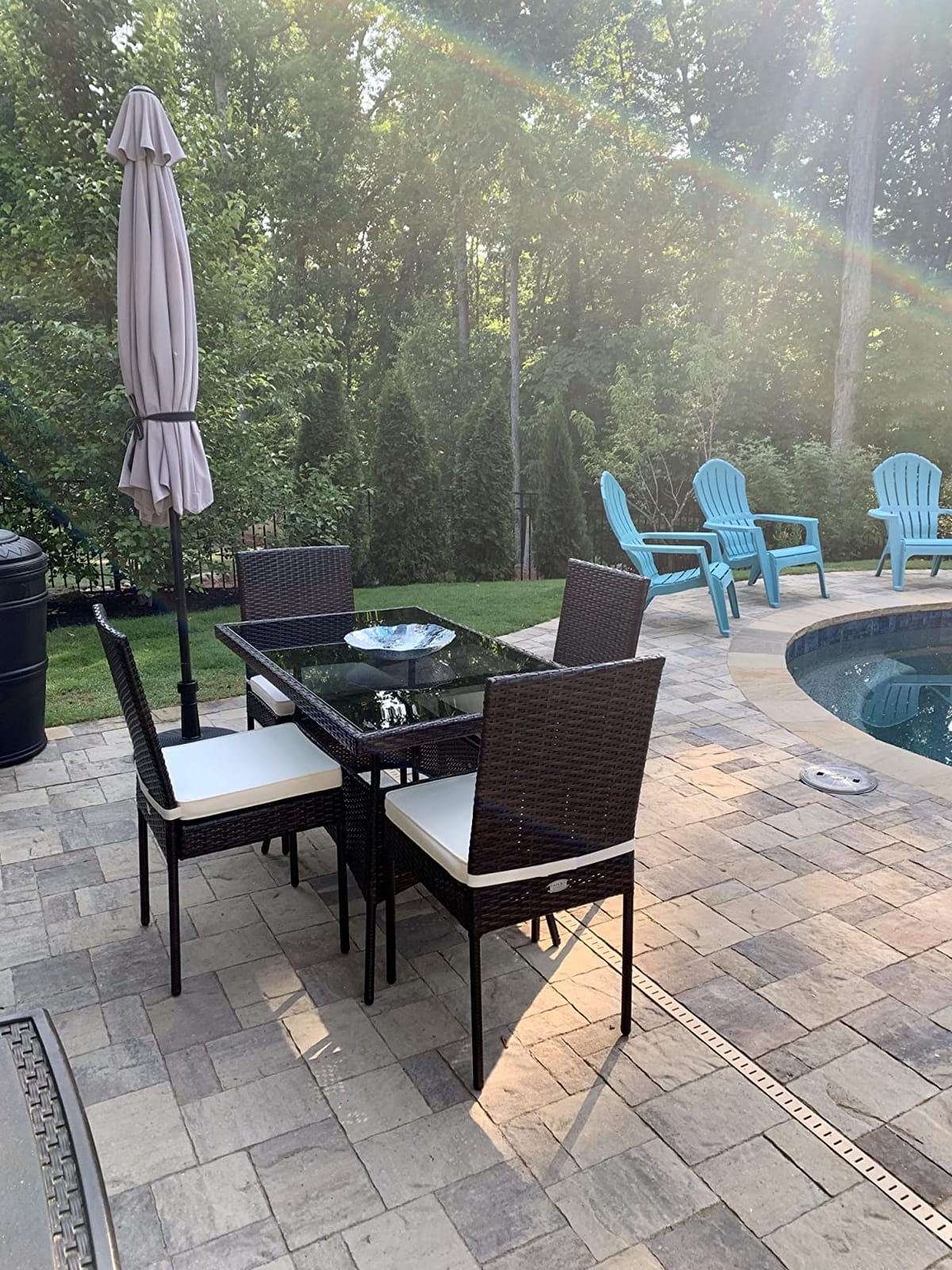 Tangkula 5 Piece Patio Wicker Dining Set, Outdoor Rattan Table and Chairs with w/Tempered Glass Table Top & Padded Cushions, Wicker Patio Conversation Furniture Set for Balcony Patio Garden Poolside customer photo 1