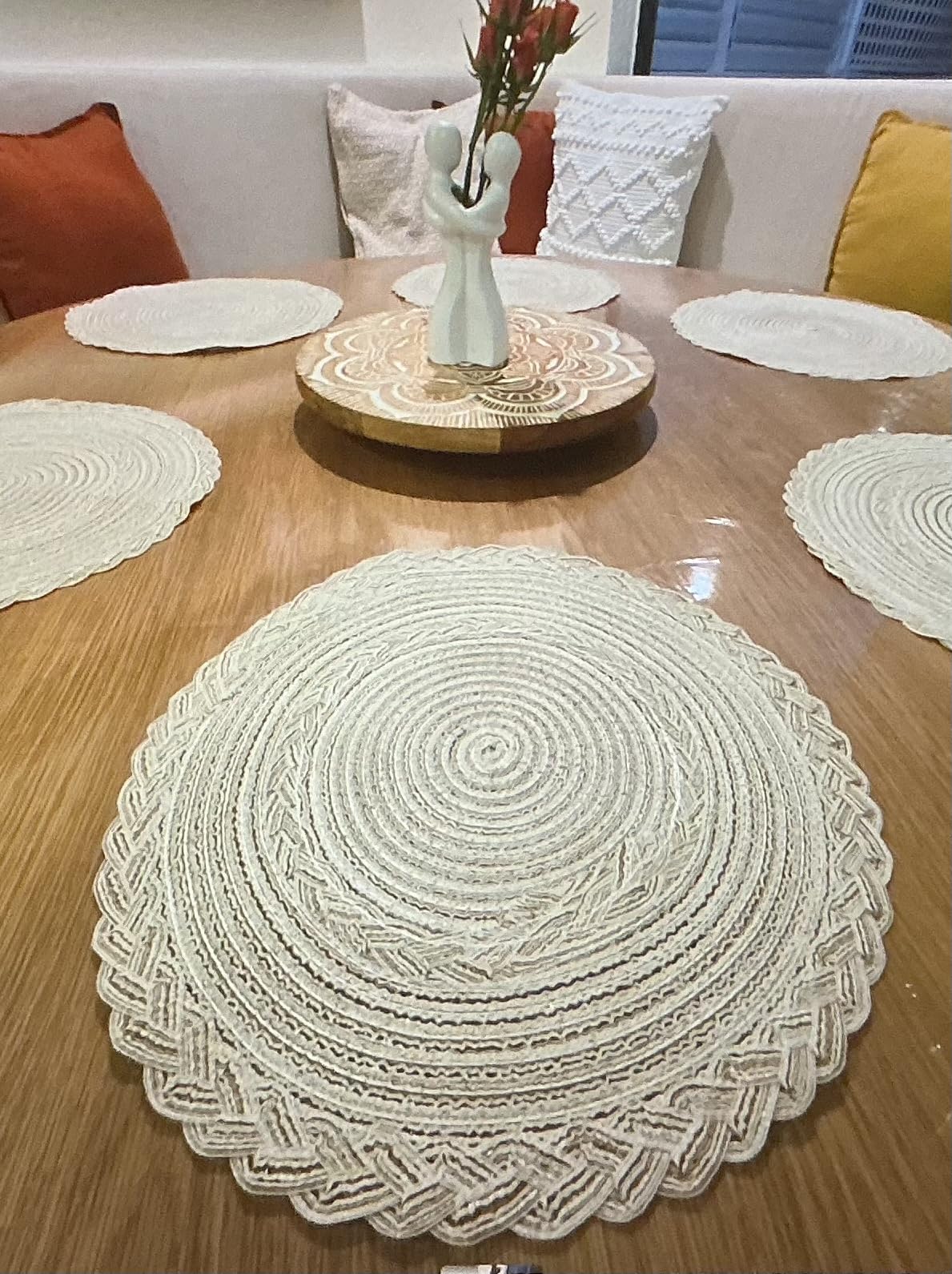 SHACOS 15 inch Round Placemats Set of 6, Cotton Polyester Woven Braided Place Mats, Washable Heat Resistant Circle Table Mats for Dining Table (Beige, 6) customer photo 2