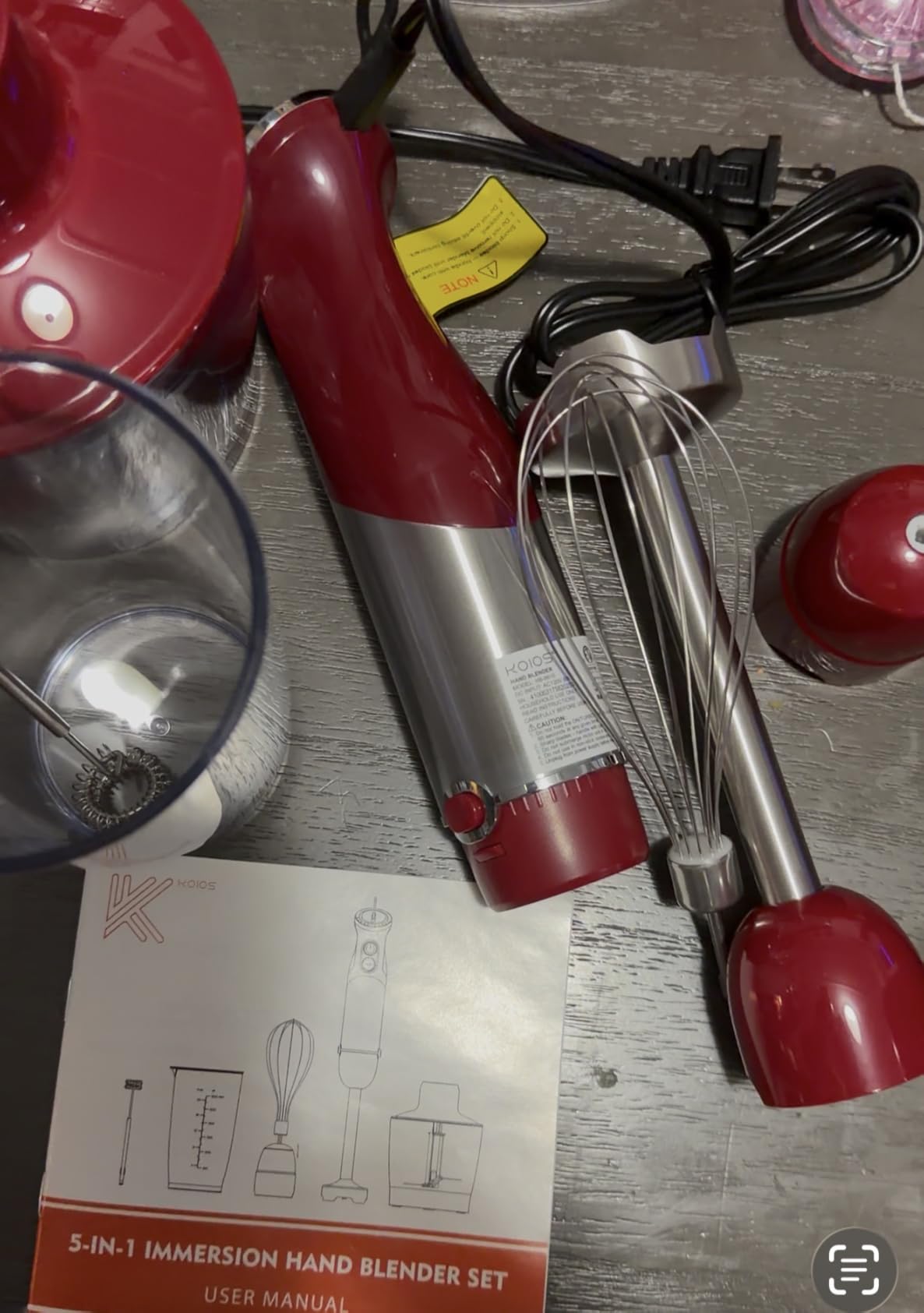 KOIOS 5-in-1 Hand Immersion Blender, 1000W 12 Speed Handheld Blender Stick with Copper Motor Stainless Steel Blade, 600ml Mixing Beaker,500ml Food Processor, Whisk, Milk Frother, Non-BPA, Red customer photo 1