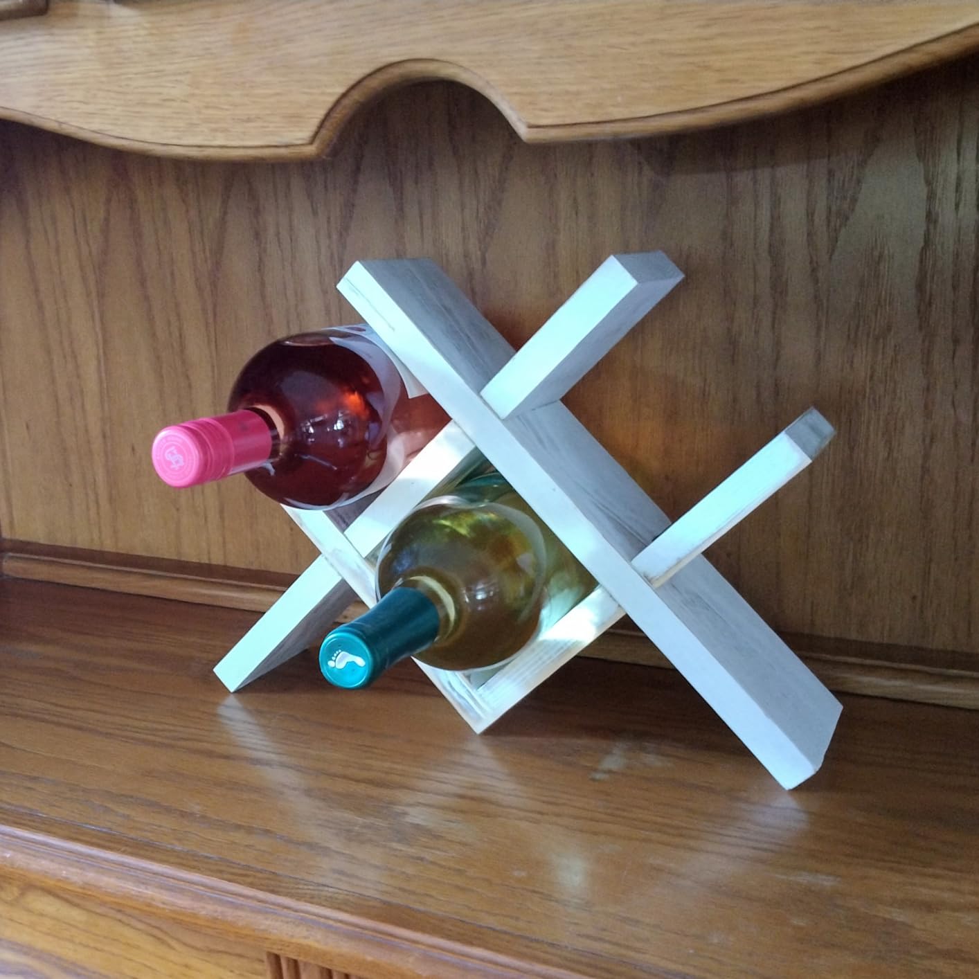 MyGift 4-Bottle Rustic Brown Wood Wine Rack for Countertop - Brushed Country Rustic Style, Compact Storage for Kitchen, Bar, Dining Room (Holds 750ml Bottles) customer photo 2