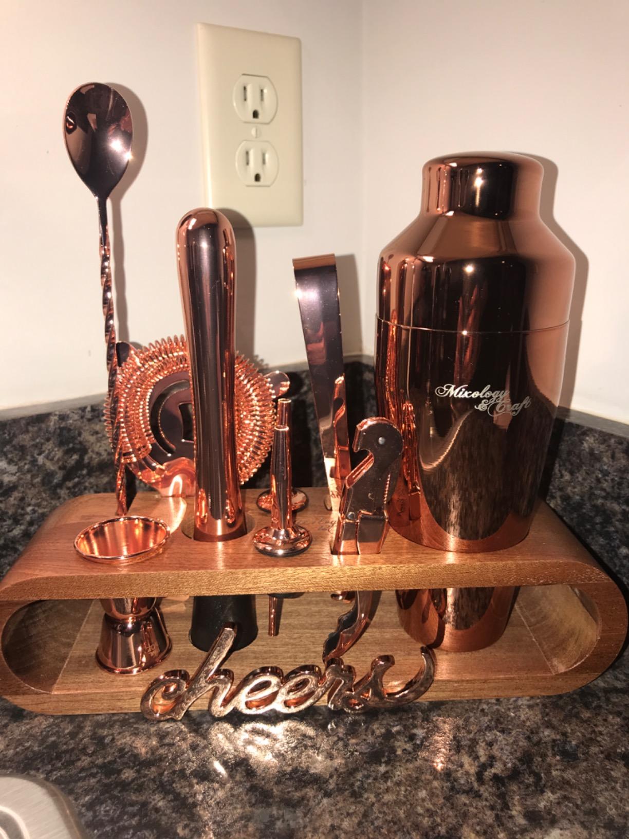 Mixology & Craft Cocktail Shaker Set with Dark Bamboo Stand - Professional 10-Piece Bartender Kit - Complete Bar Set & Cocktail Mixer Kit for Home (Gold) customer photo 2