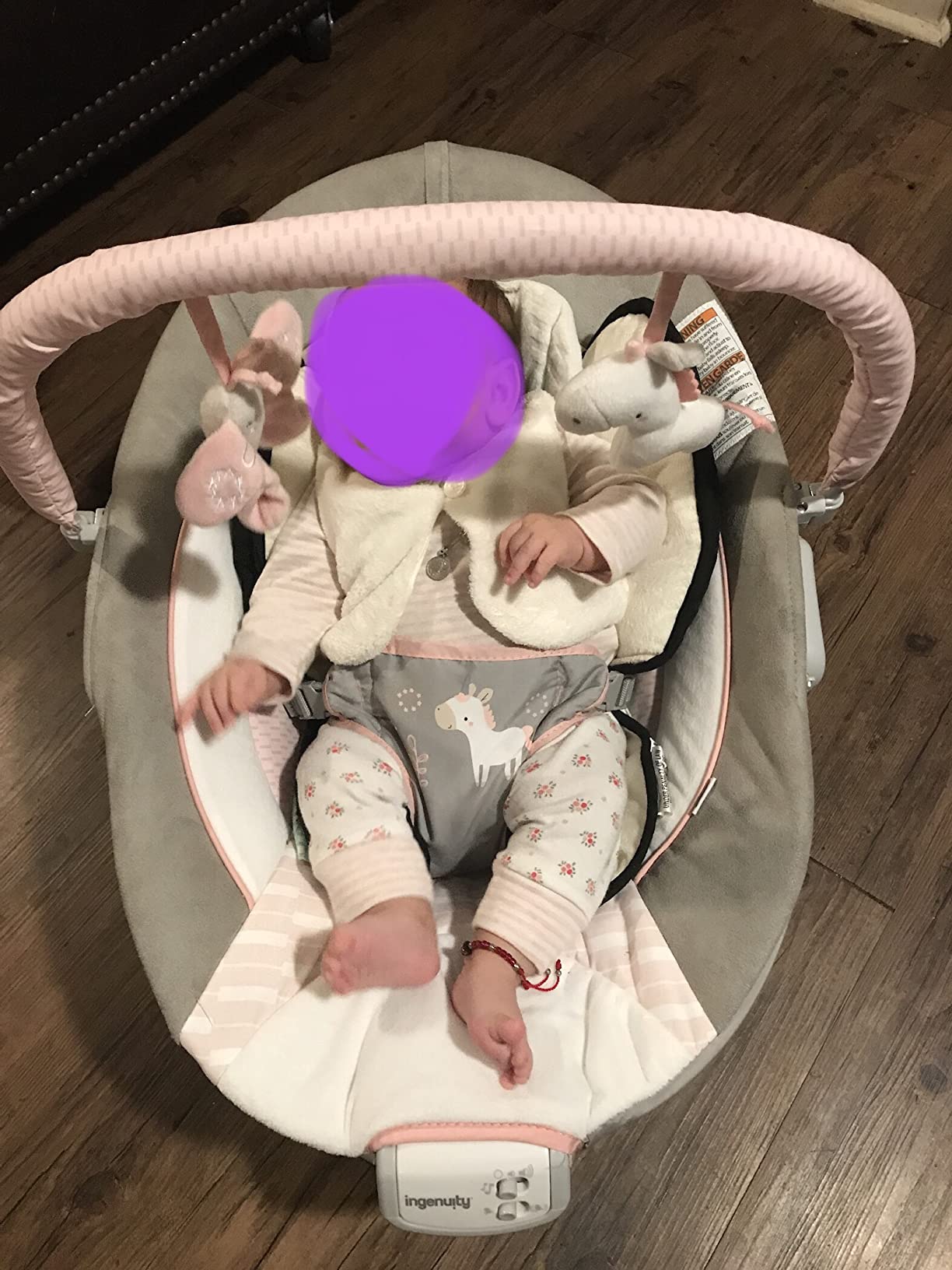 Ingenuity Soothing Baby Bouncer Infant Seat with Vibrations, -Toy Bar & Sounds, 0-6 Months Up to 20 lbs (Pink Flora the Unicorn) customer photo 1