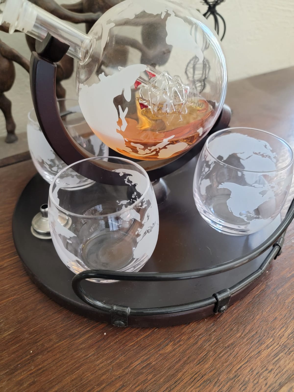 Kemstood Whiskey Decanter Sets for Men - Etched World Globe Design with Wooden Base & 4 Glass - Ideal for Dignified Drinking, Home Decor - Unique Whiskey Gifts for Men - 28 oz /850 ml Capacity customer photo 1