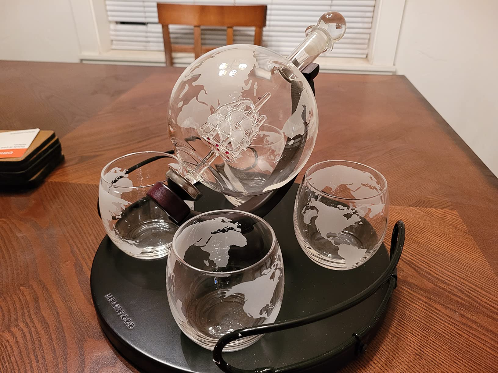 Kemstood Whiskey Decanter Sets for Men - Etched World Globe Design with Wooden Base & 4 Glass - Ideal for Dignified Drinking, Home Decor - Unique Whiskey Gifts for Men - 28 oz /850 ml Capacity customer photo 2