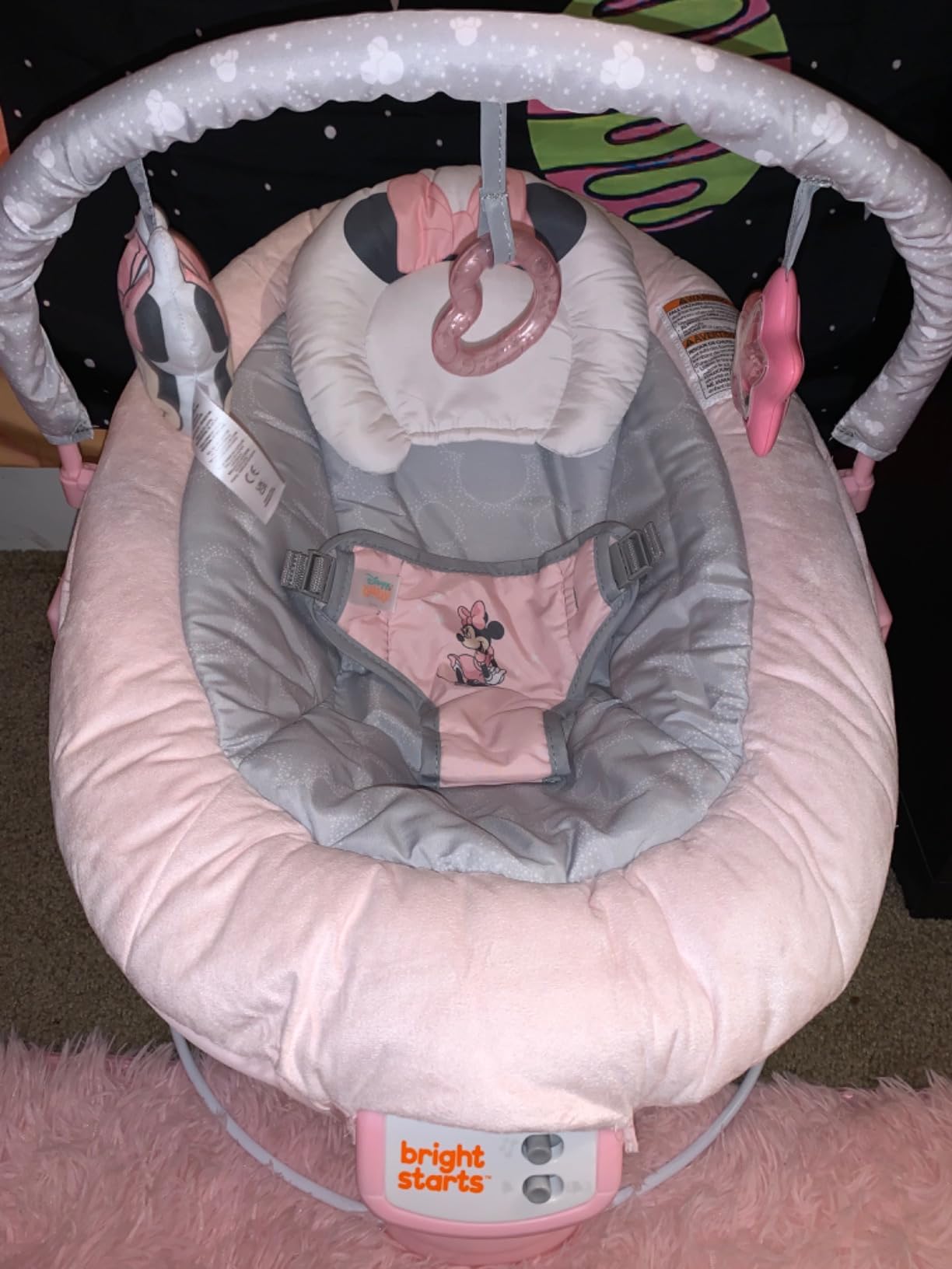 Bright Starts Disney Baby Minnie Mouse Comfy Baby Bouncer Soothing Vibrations Infant Seat - Music, Removable -Toy Bar, 0-6 Months Up to 20 lbs (Rosy Skies) customer photo 1