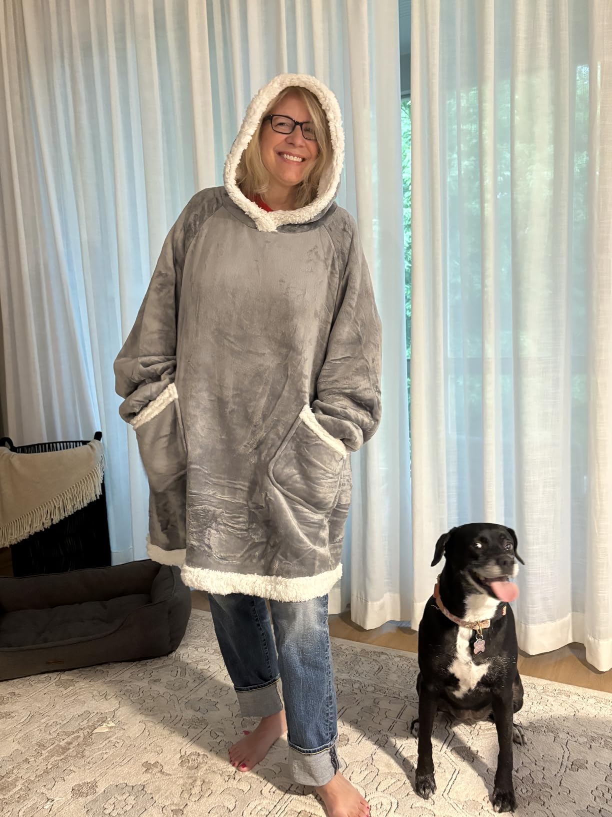 Bedsure Wearable Blanket Sherpa Hoodie Halloween Gifts, Grey, Standard customer photo 2