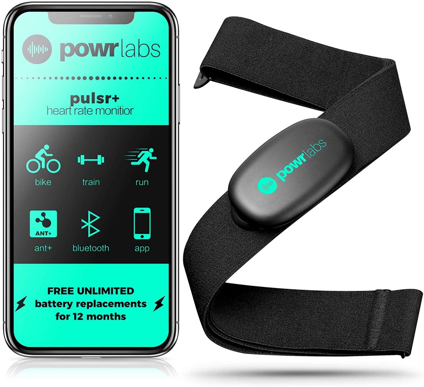 Powr Labs Bluetooth ANT+ Heart Rate Monitor Chest Strap for Garmin, Peloton | Dual-band Bluetooth 4.0 and ANT+ connectivity, IPX67 water and sweat resistant, Adjustable strap fits 26