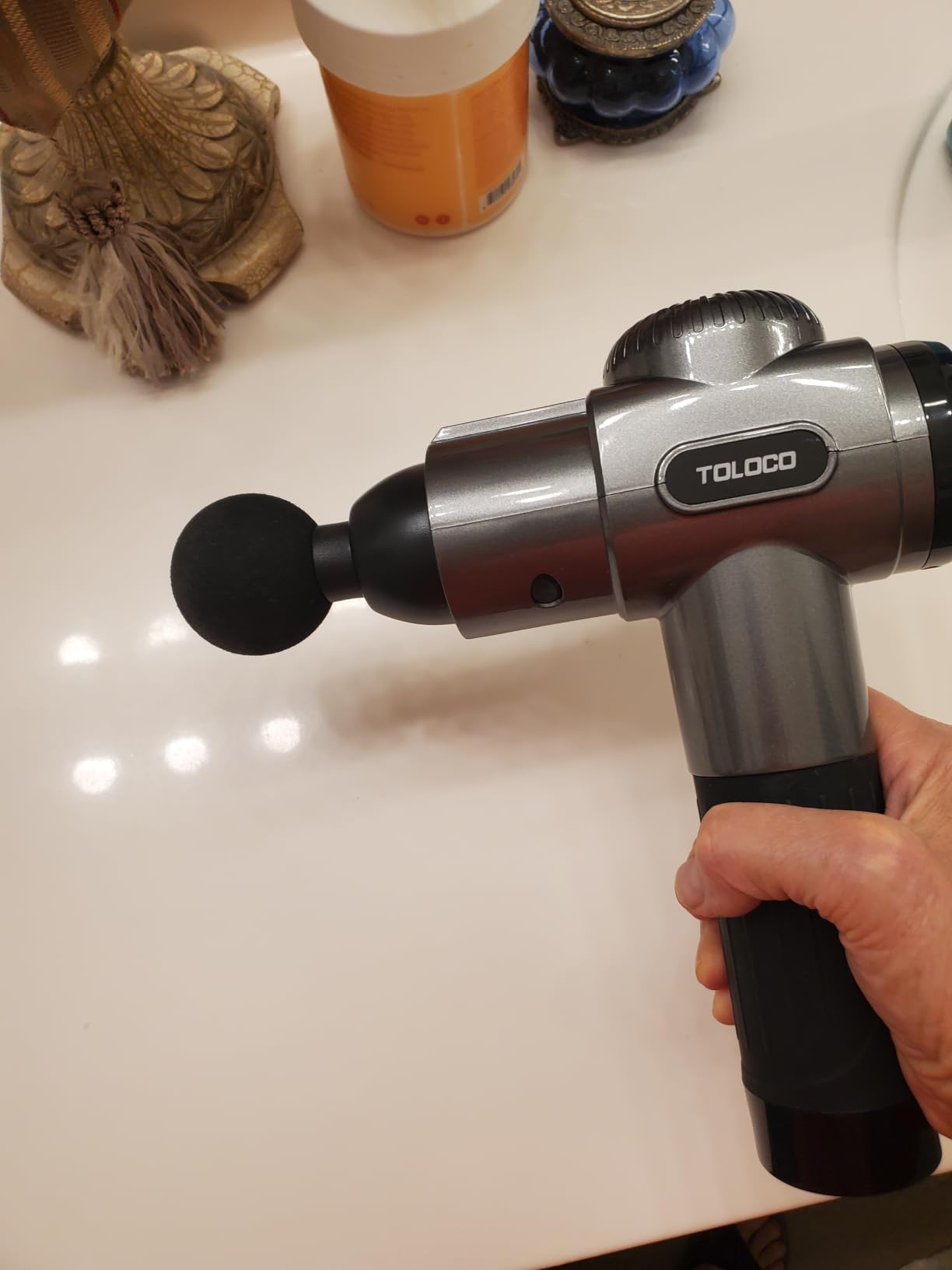 TOLOCO Massage Gun, Deep Tissue Back Massage for Athletes for Pain Relief, Percussion Massager with 10 Massages Heads & Silent Brushless Motor, Fathers Day Dad Gifts, Grey customer photo 2