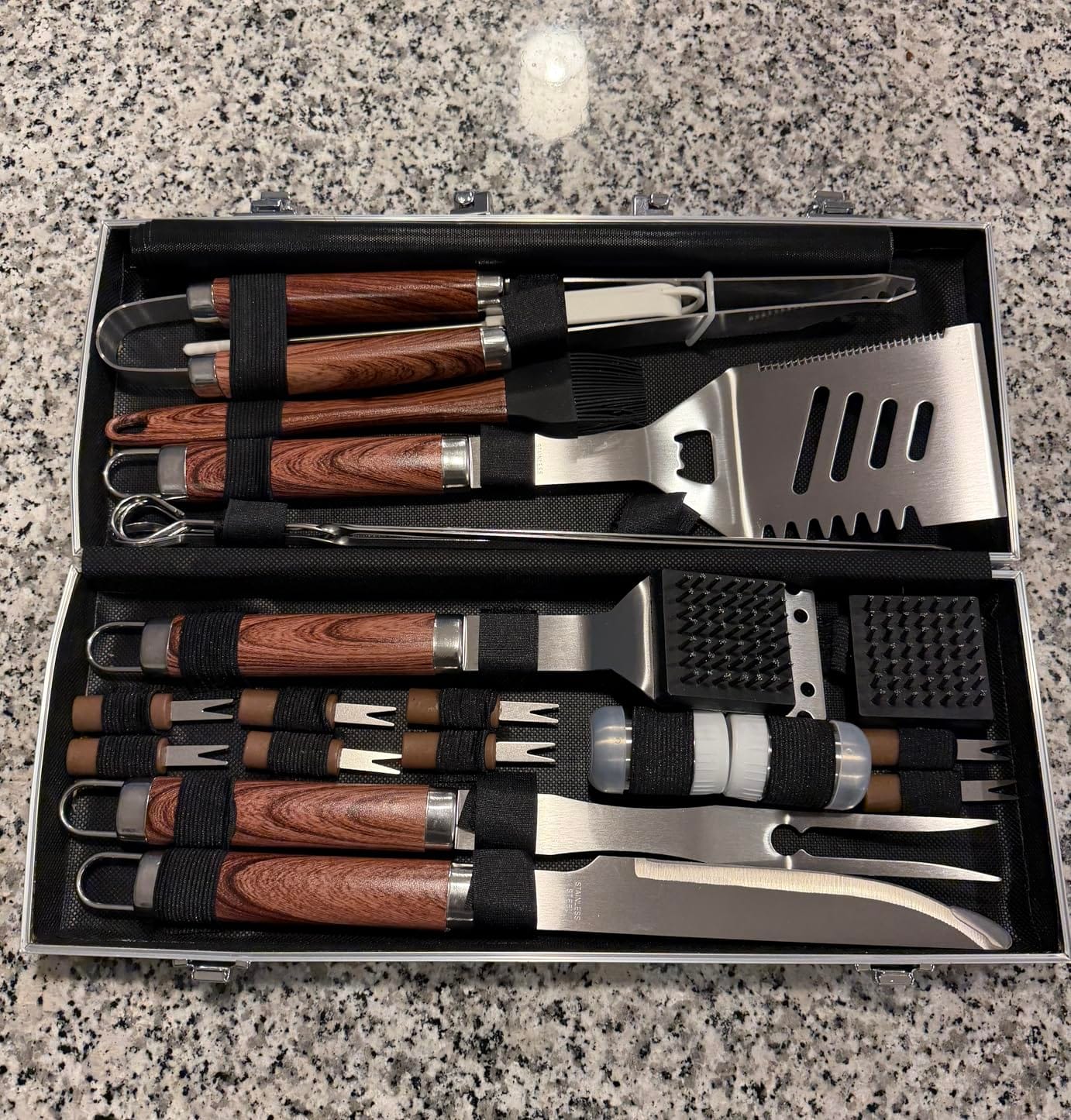ROMANTICIST 26pcs Grilling Gifts for Men, Dad Gifts for Father's Day, Stainless Steel BBQ Grill Accessories Tools Set, Heavy Duty BBQ Utensils Kit with Apron, Thermometer, Mats in Aluminum Case Brown customer photo 2