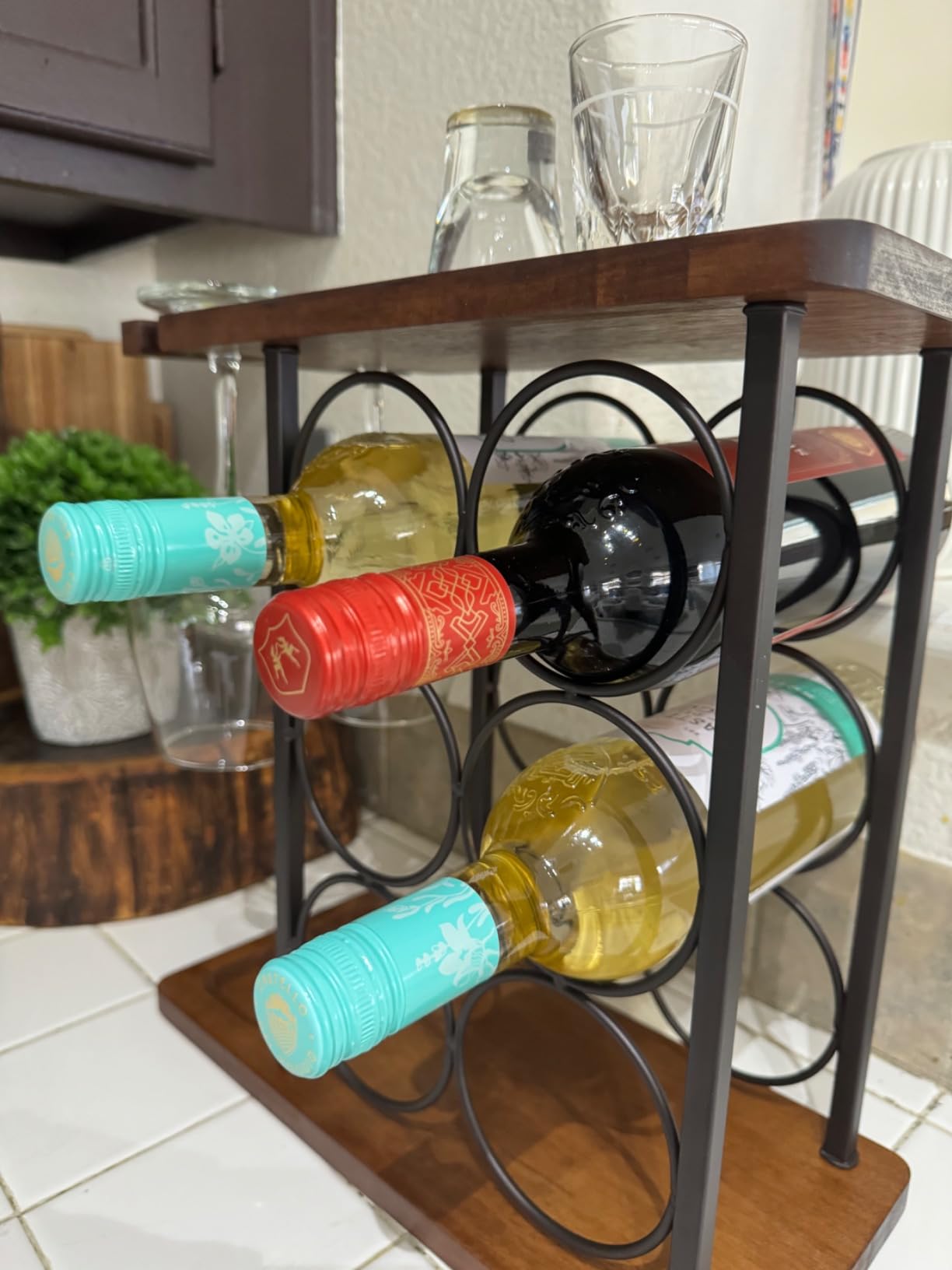 ALLCENER Wine Rack with Glass Holder, Countertop Wine Rack, Wooden Wine Holder with Tray, Perfect for Home Decor & Kitchen Storage Rack etc (Hold 6 Bottles and 2 Glasses) customer photo 1