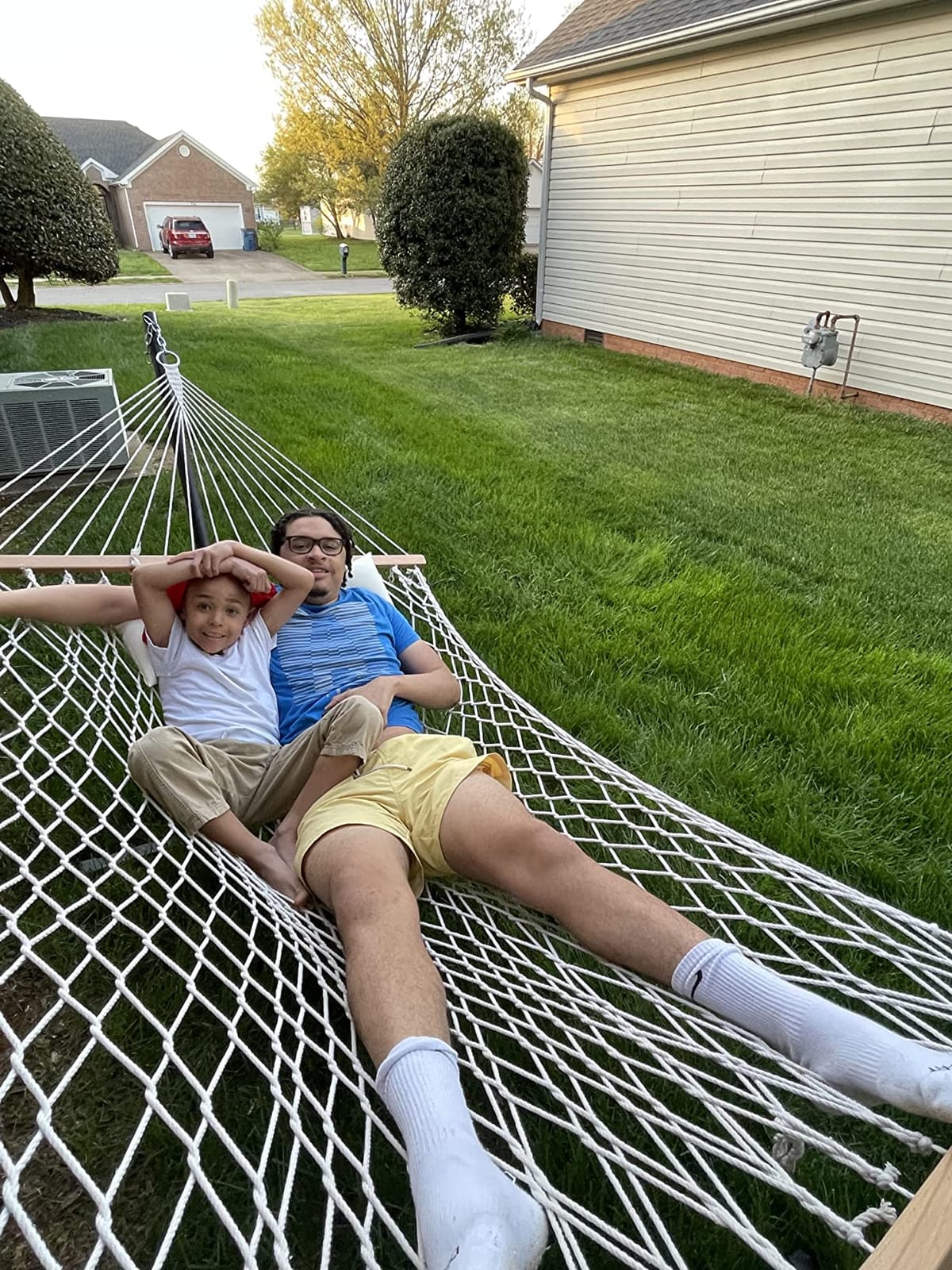 PNAEUT Double Rope Hammock with Stand Included, 12ft Heavy Duty Stand, 2 Person Traditional Cotton Rope Hammocks with Pillow for Outside Porch Patio Backyard Outdoor, Max 475lbs Capacity (Burlywood) customer photo 1