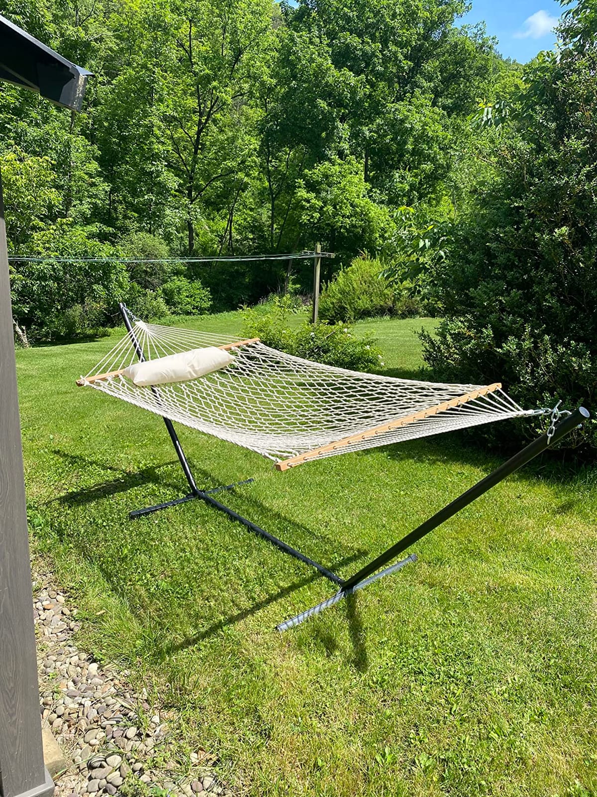 PNAEUT Double Rope Hammock with Stand Included, 12ft Heavy Duty Stand, 2 Person Traditional Cotton Rope Hammocks with Pillow for Outside Porch Patio Backyard Outdoor, Max 475lbs Capacity (Burlywood) customer photo 2