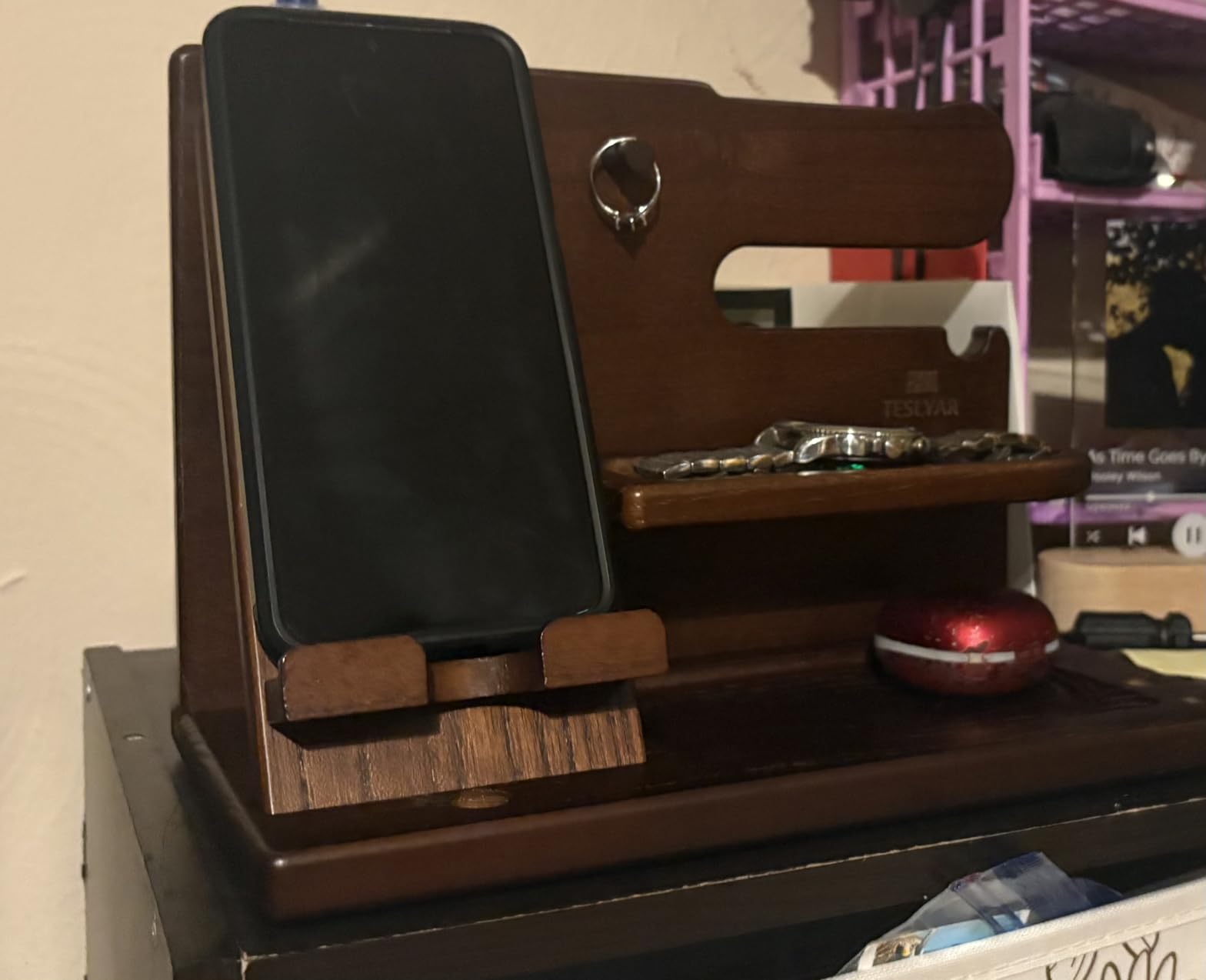 TESLYAR Wood Phone Docking Station for Men - Desk or Nightstand Organizer - Birthday Gifts for Husband, Dad - Anniversary Idea from Wife - Key Holder, Stand Wallet, Watch & Essentials (Bourbon Brown) customer photo 1