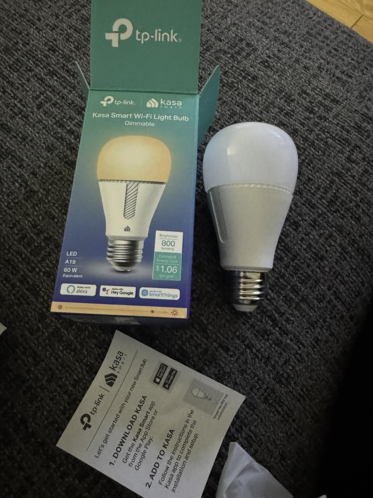 Kasa Smart Light Bulbs that works with Alexa and Google Home, Dimmable Smart LED Bulb, A19, 9W, 800Lumens, Soft White(2700K), CRI≥90, WiFi 2.4Ghz only, No Hub Required, 4 Count (Pack of 1)(KL110P4) customer photo 1