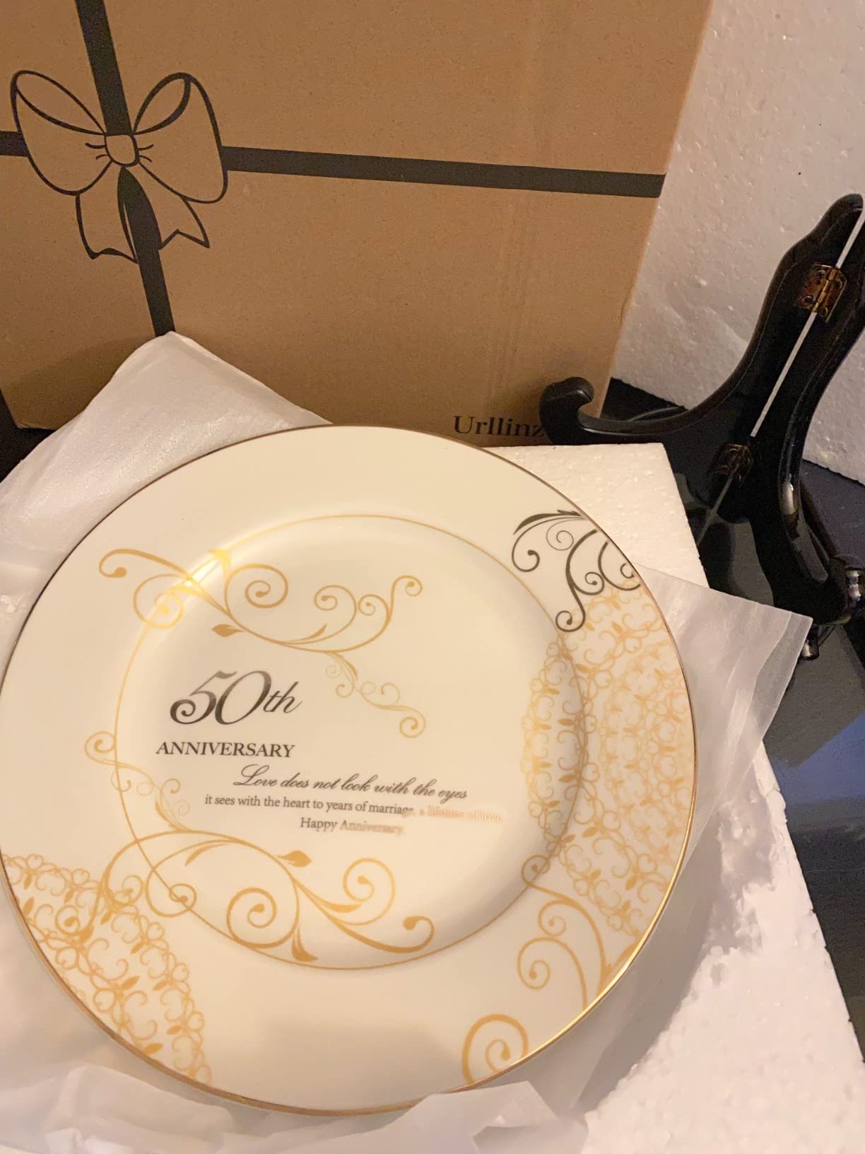 Urllinz 50th Anniversary Wedding Gifts for Couples Parents Grandparents- Golden Wedding Anniversary Keepsake Gift, 50 Year Marriage Plate with Stand, Ceramic with 24k Gold Foil, 9 inch customer photo 2