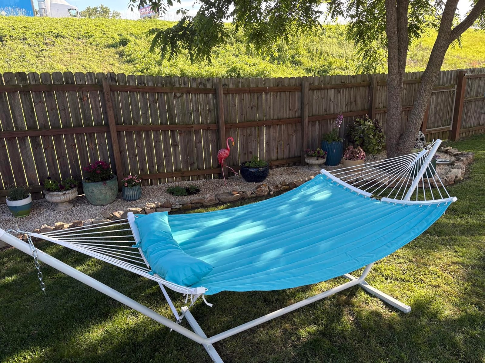 SUPERJARE Hammock with Stand, 2 Person Heavy Duty Hammock with Padded Cotton, Detachable Pillow & Strong Curved-Bar & Portable Carrying Bag, Perfect for Outdoor & Indoor - Dark Cyan customer photo 2