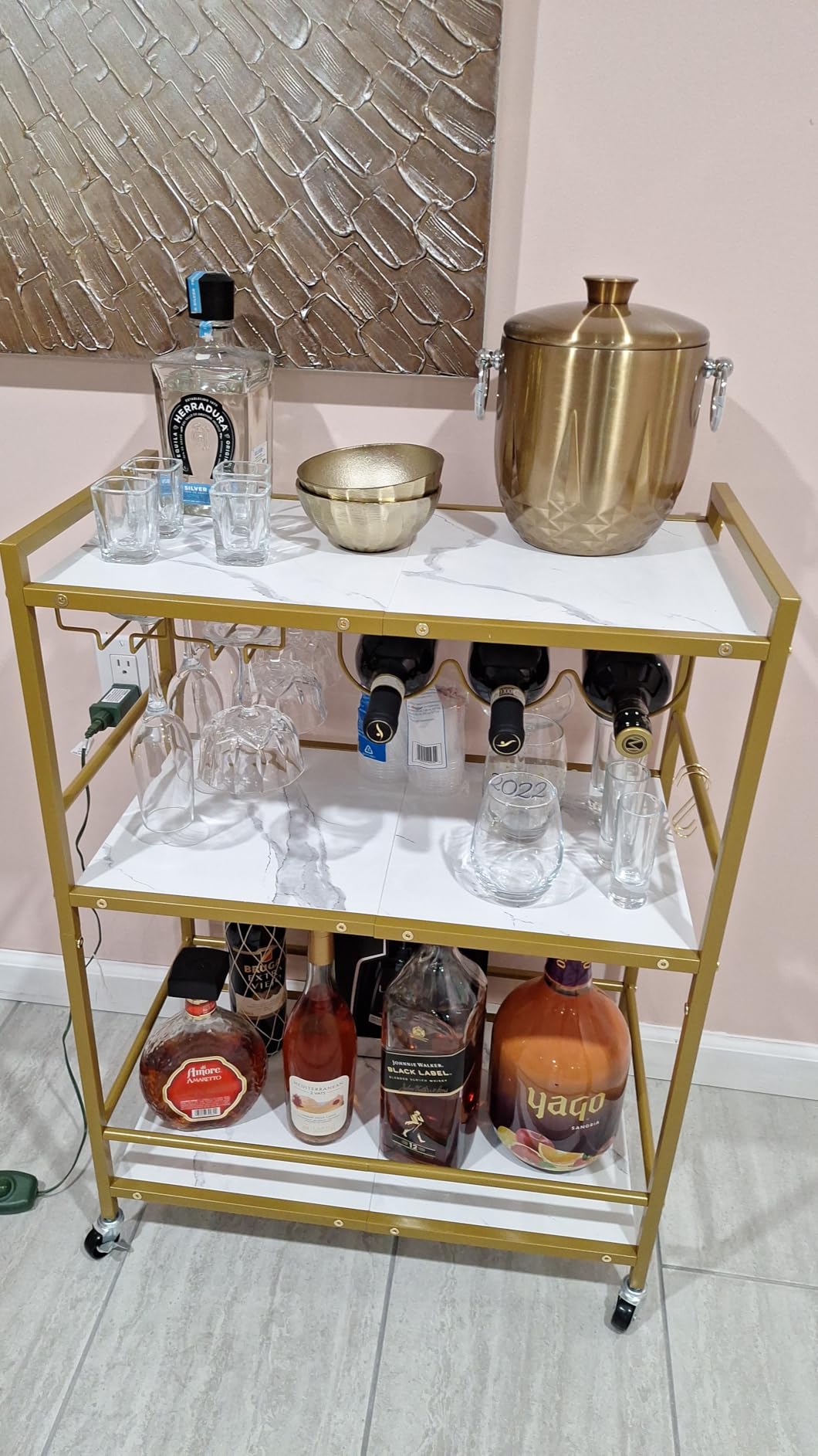 TUTOTAK Bar Cart with Wheels, Drink Cart with Wine Rack and Glass Holder customer photo 2