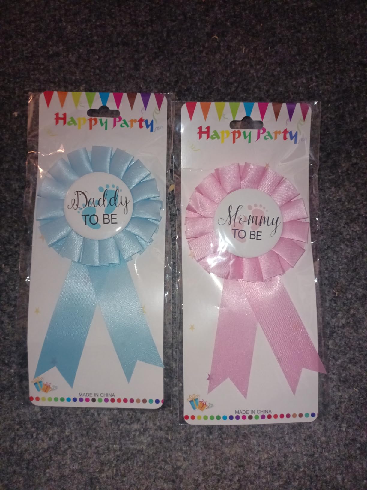 2 Pieces Daddy and Mommy To Be Tinplate Badge Pin, Celebration Gender Reveal Party Favor New Dad Mom Gifts Rosette Buttons with Ribbon Baby Shower Decorations (Pink + Blue) customer photo 1