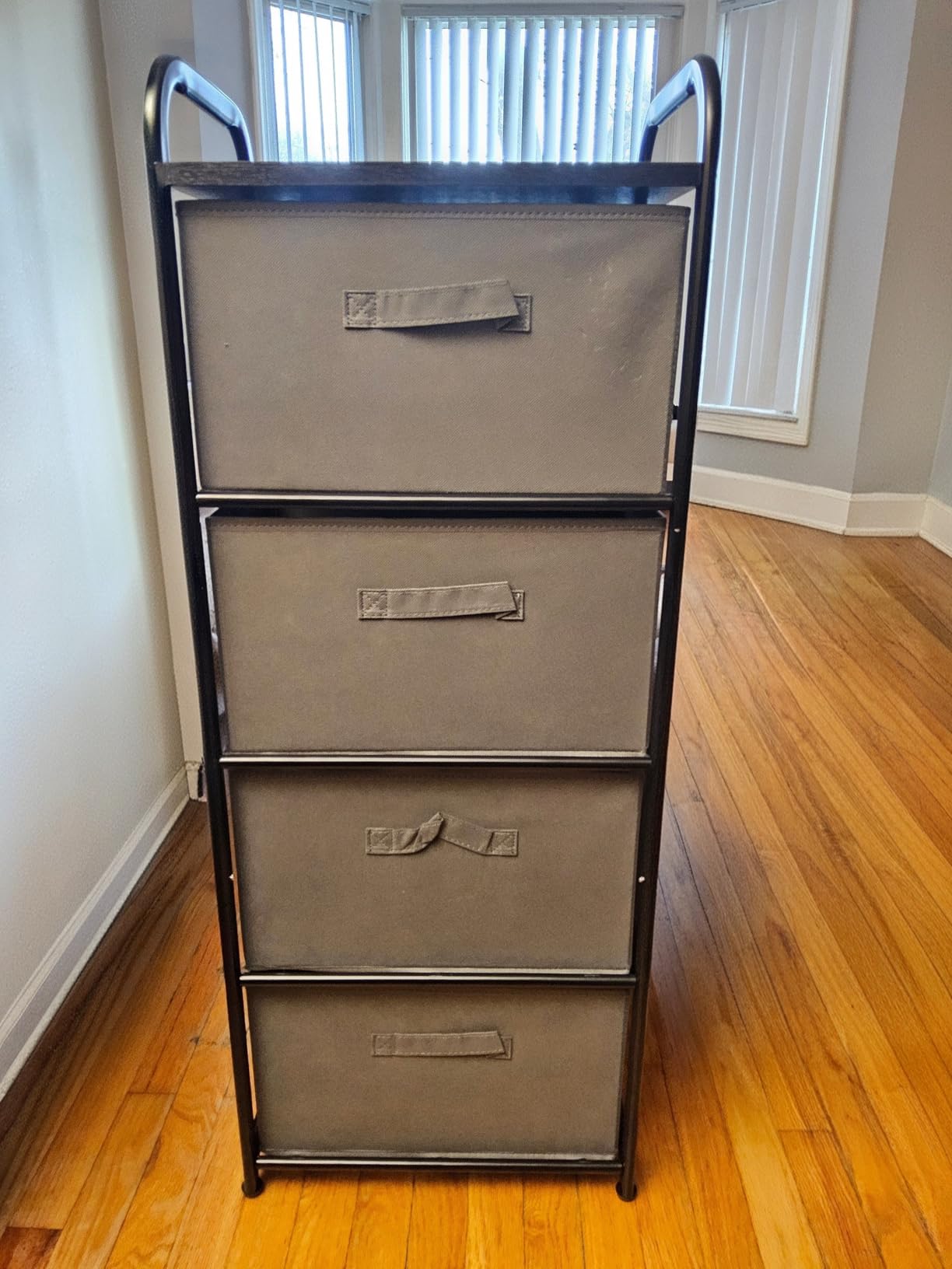 MAX Houser 4 Drawer Narrow Dresser Fabric Storage Tower Vertical Slim Storage Chest Organizer Nightstand Side/End Table Small Standing Organizer Removable Drawers Wood Top for Bedroom, Bathroom（Grey customer photo 1