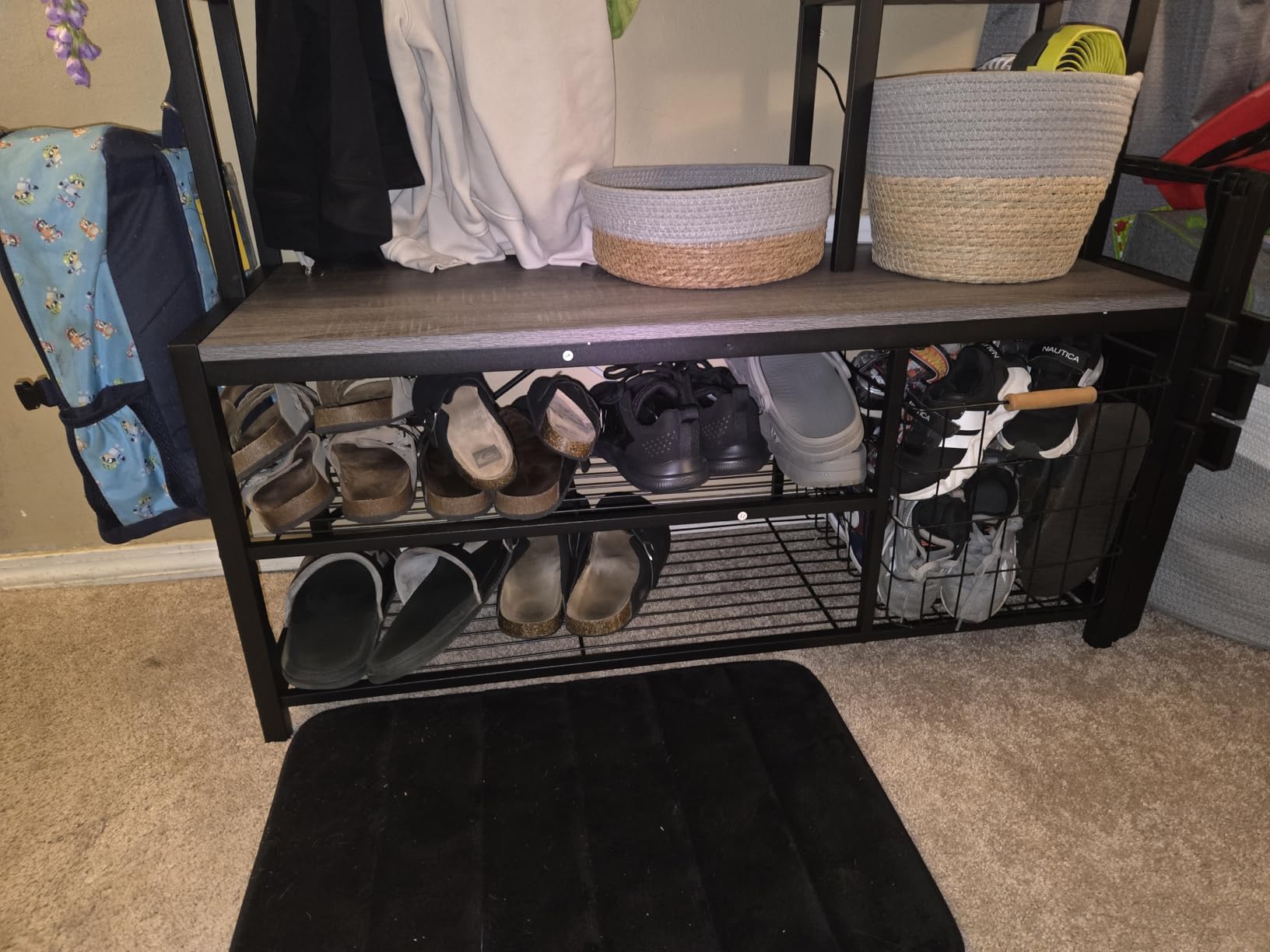 BON AUGURE Hall Tree with Shoe Storage, 5-in-1 Reversible Entryway Bench with Coat Hooks for Hallway, Rustic Wood and Metal Coat Rack with Shelves for Mudroom (Rustic Oak) customer photo 1
