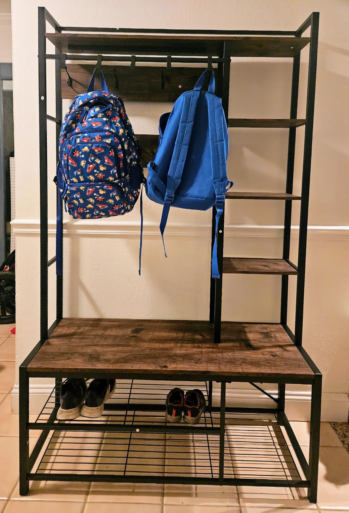 BON AUGURE Hall Tree with Shoe Storage, 5-in-1 Reversible Entryway Bench with Coat Hooks for Hallway, Rustic Wood and Metal Coat Rack with Shelves for Mudroom (Rustic Oak) customer photo 2