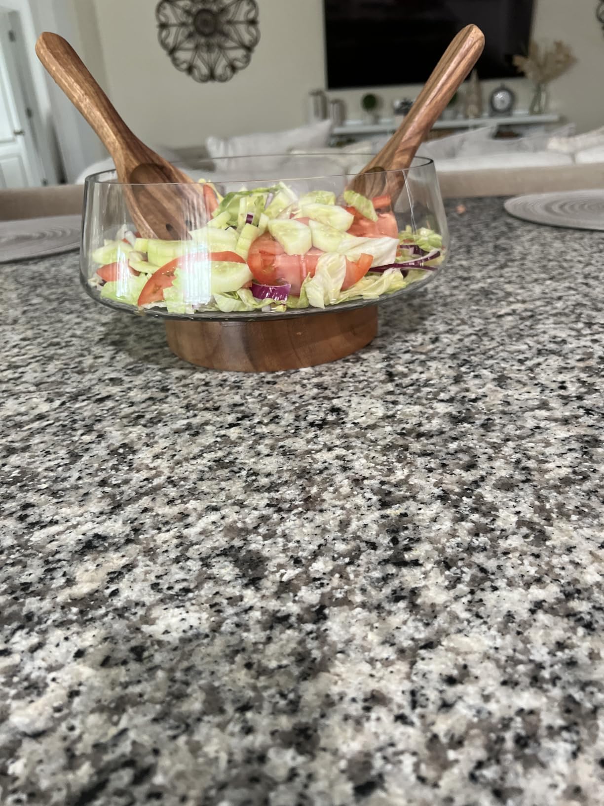 KITEISCAT Extra Large Glass Salad Bowl Set - Party Salad Bowls with Acacia Wood Base and Serving Utensils - Elegant and Practical Kitchen Must-Have customer photo 1