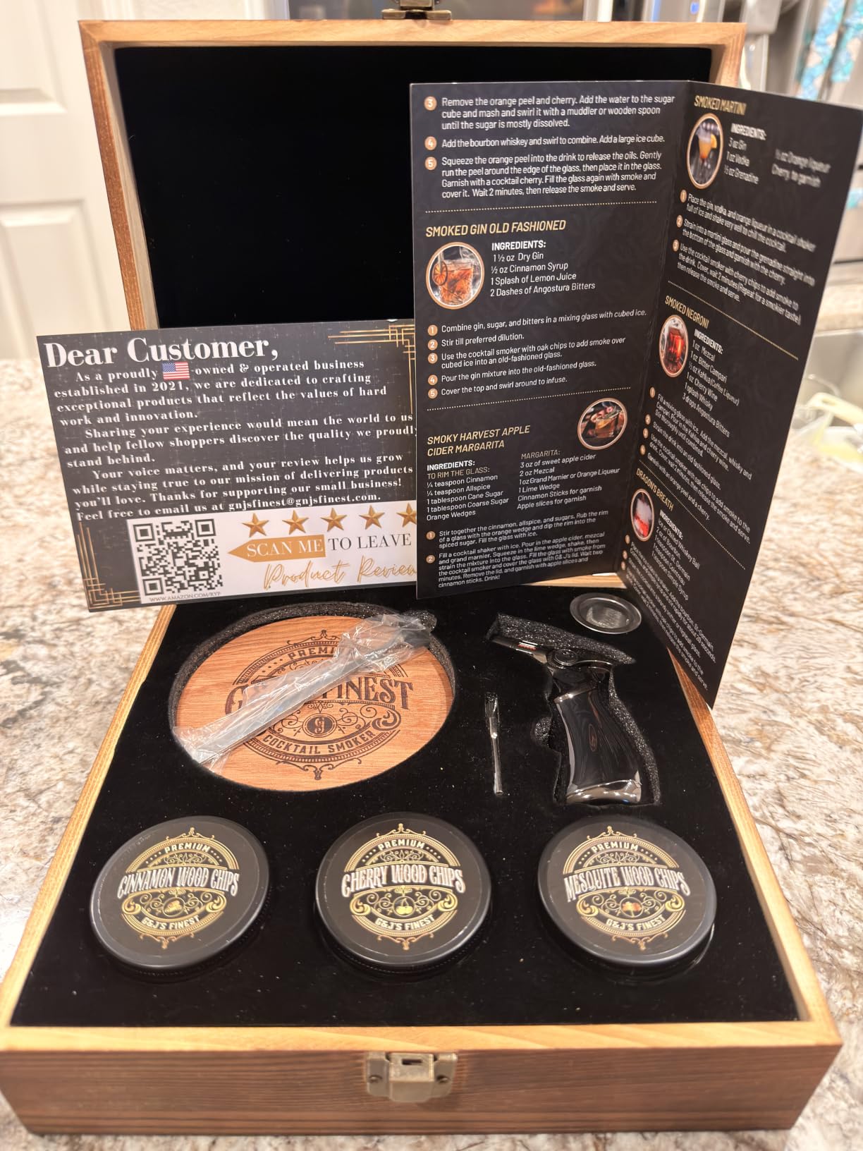 Mahogany Whiskey Smoker Kit with Quad Torch & Wood Box for Smoked Old Fashioned, Bourbon & Cocktail Drinks – 6 Chips, & Gift Set Infuser for Men, Husband, Boyfriend by G&J's Finest customer photo 2