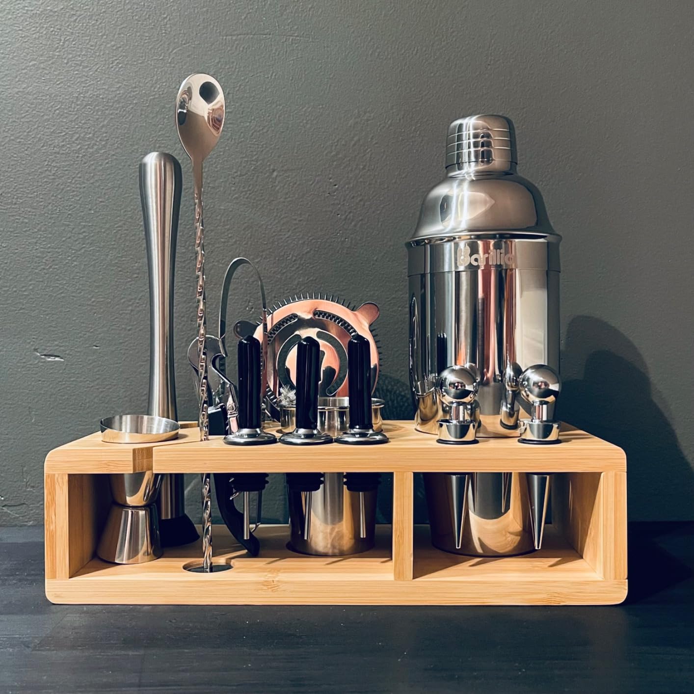 Barillio Black Bartender Kit - Stainless-Steel Cocktail Shaker Set w/Black Bamboo Stand - Mixology Bar Tools w/Drink Shaker, Mixer and Muddler for Cocktails - Home Bar Accessories - 23-Pc Bar Set customer photo 2