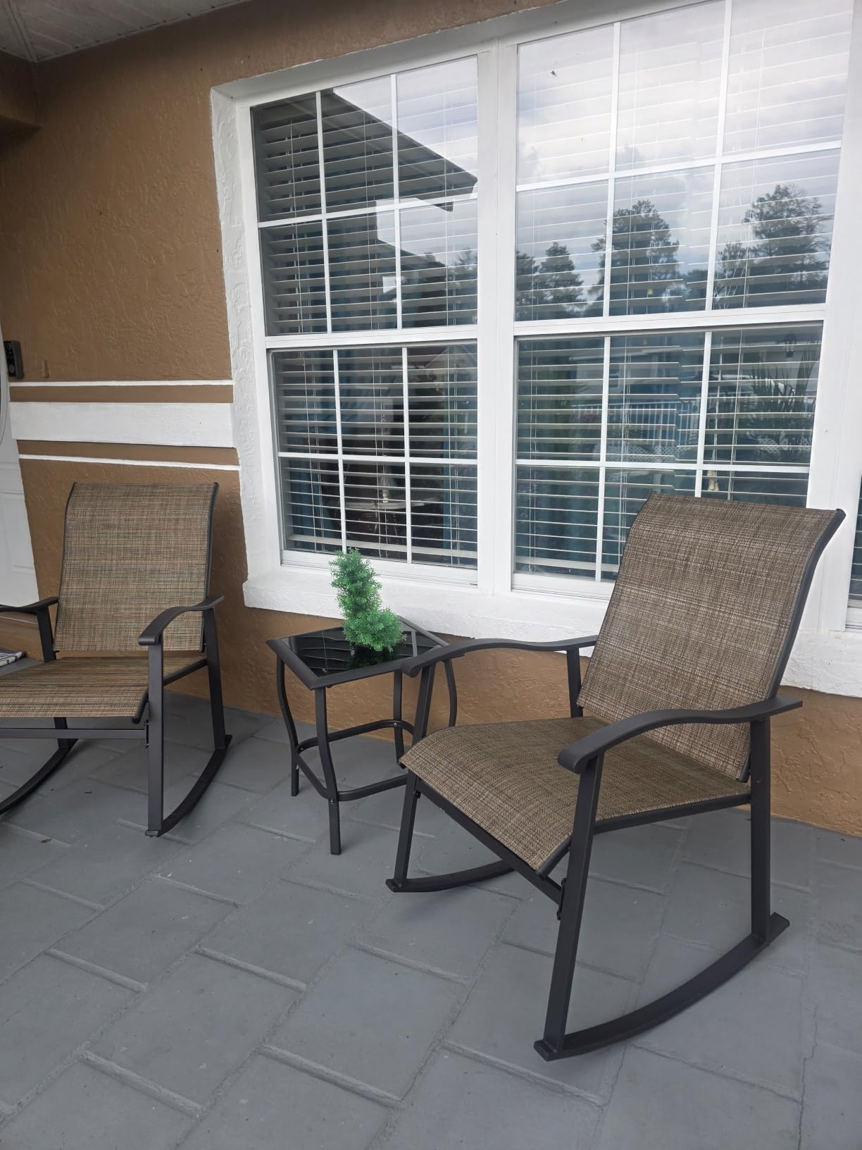 Vongrasig 3 Piece Outdoor Rocking Bistro Set, Textilene Fabric Small Patio Furniture Set, Front Porch Rocker Chairs Conversation Set with Glass Table for Lawn, Garden, Balcony, Poolside (Taupe) customer photo 1