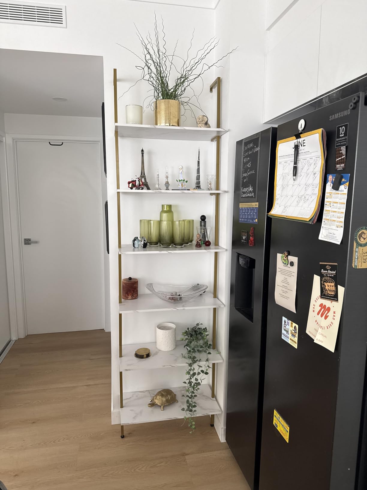 Wolawu Ladder Shelf 4 Tiers Metal Industrial Bookshelf,White Marble Wood Tall Open Storage Rack and Display Shelves,Wall Mount Wide Book Case for Home Office Bedroom,Small customer photo 2