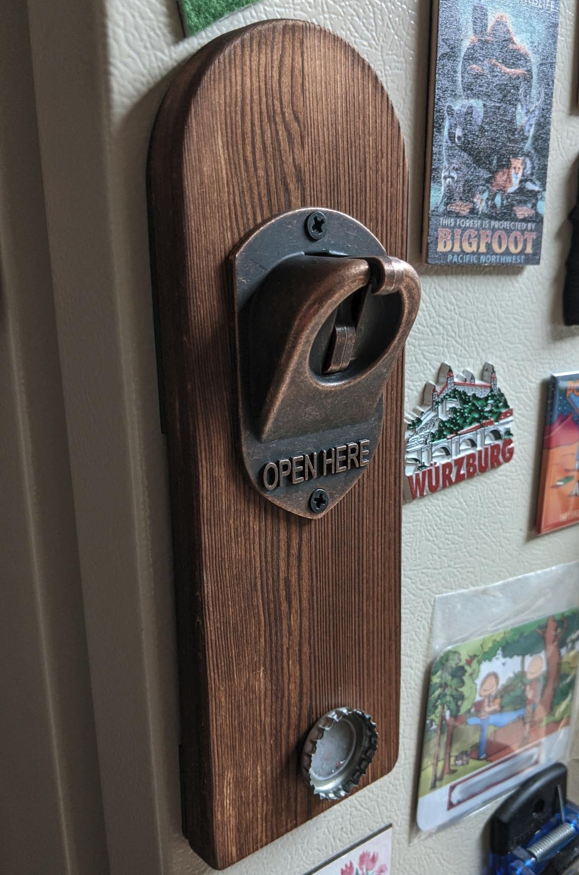Beer Bottle Opener Wall Mounted with Magnetic Cap Catcher,Wooden Magnetic Bottle Opener for Fridge,Vintage Beer Gifts for Men, Man Cave Decor,Gifts for Men and Beer Lovers(Style 3) customer photo 2