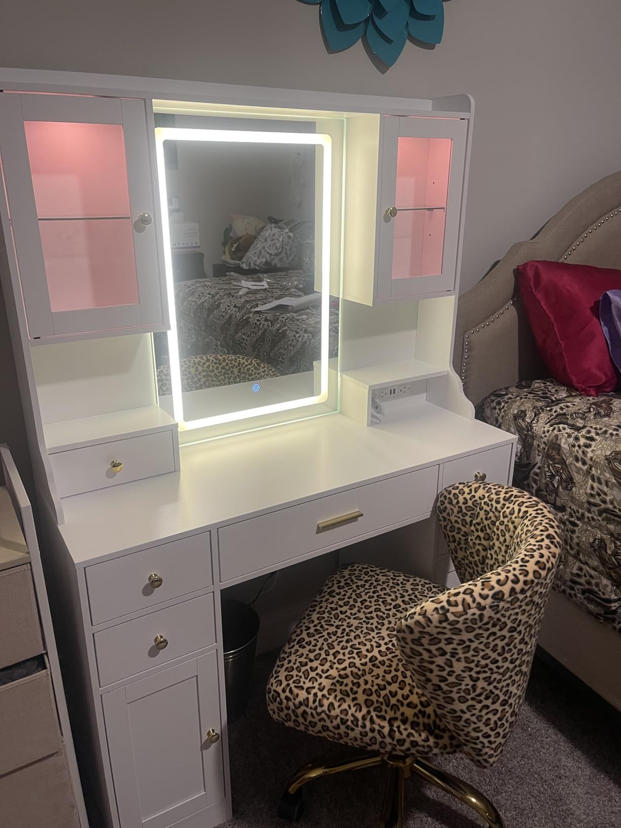 CSZZD White Makeup Vanity Desk with LED Mirror & RGB Cabinets customer photo 2