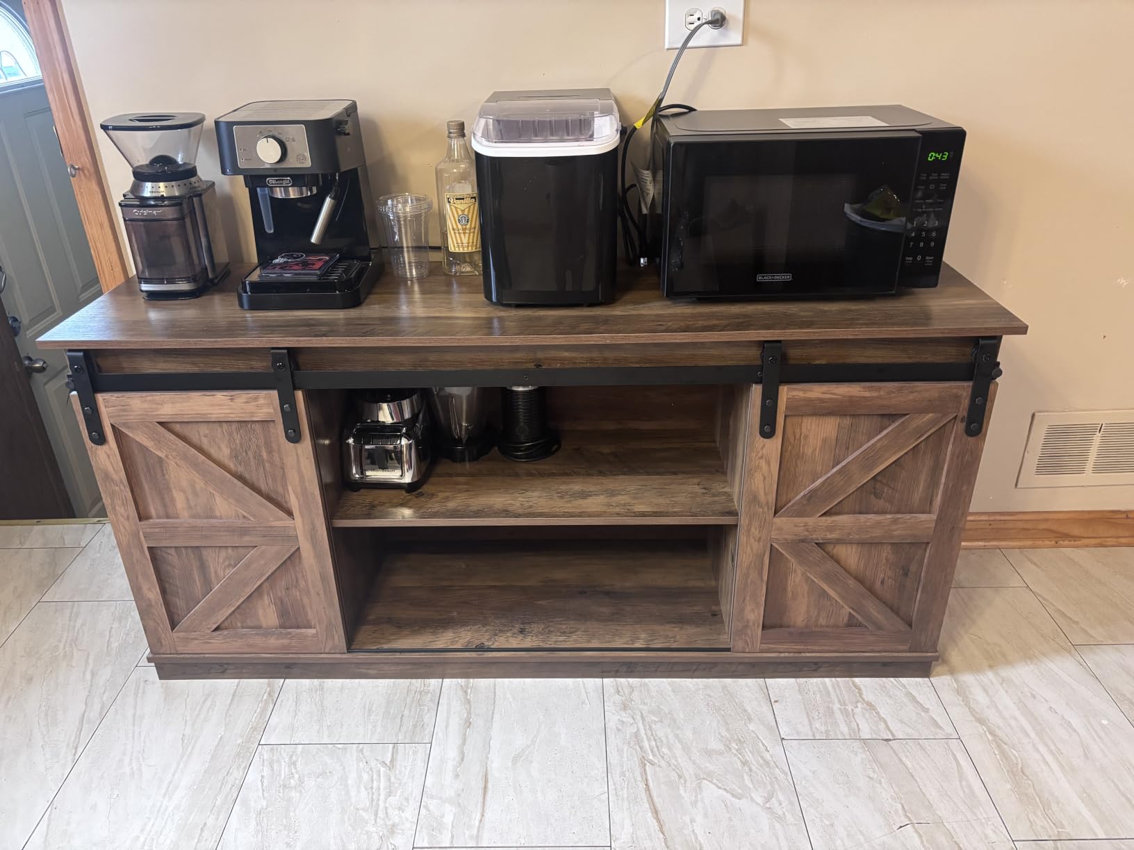 Shahoo Farmhouse Sideboard Buffet Cabinet, Coffee Bar Storage with Sliding Barn Doors, Shelf for Home Dining Room, White customer photo 1