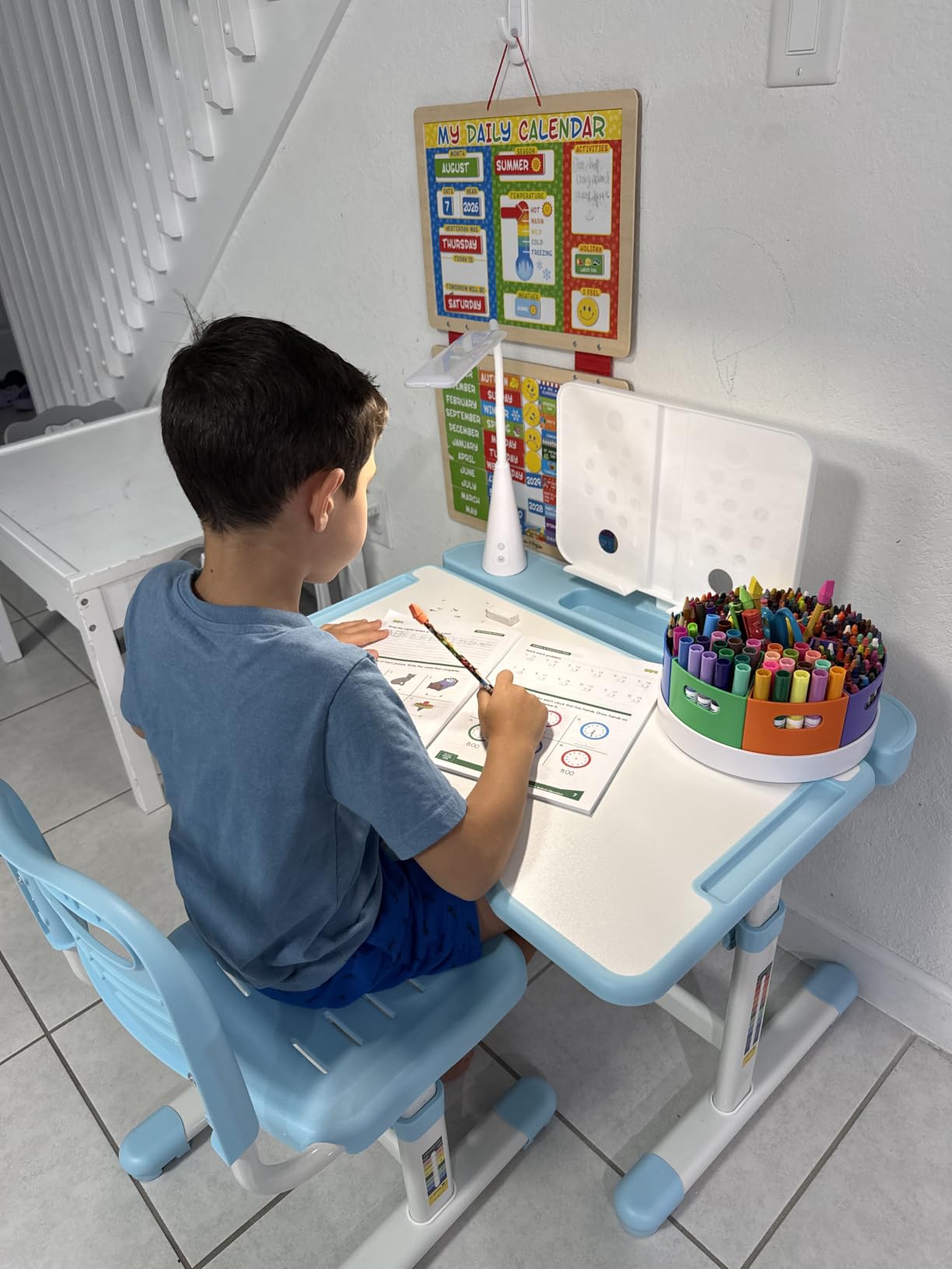 Rengue Kids Desk and Chair Set, Height Adjustable Children School Functional Study Desk with 55° Tiltable Desktop, 3 Modes & Brightness LED Light, Storage Drawer & Metal Hook for Boys Girls (Grey) customer photo 2