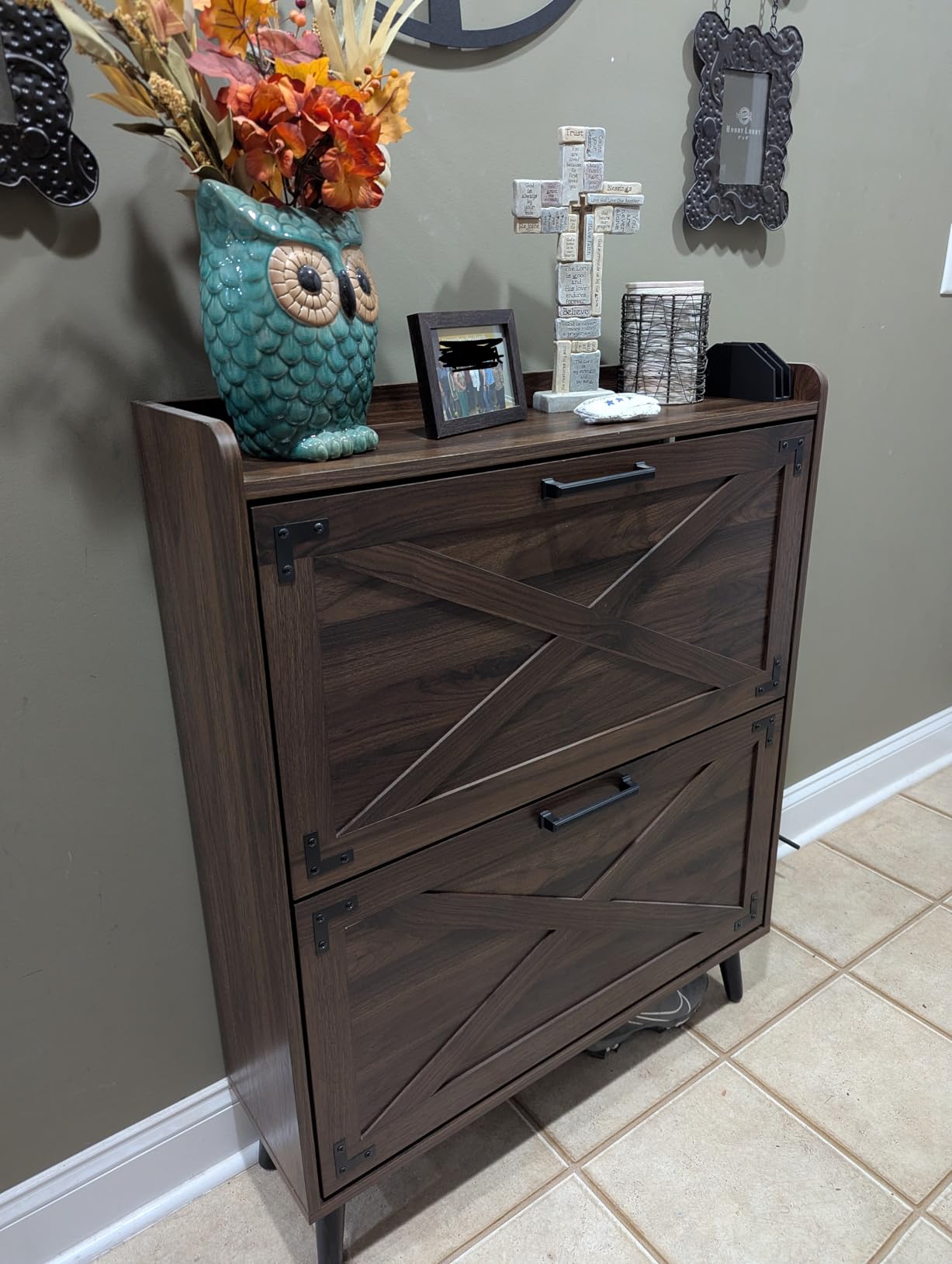 Barnyatoh Farmhouse Shoe Storage Cabinet with 2 Flip Drawers & Barn Door customer photo 2