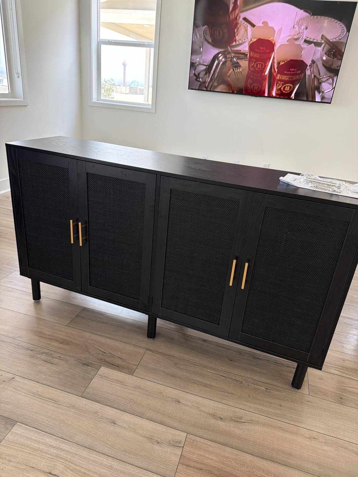 Finnhomy Sideboard Buffet Kitchen Storage Cabinet with Black Painted Rattan Decorated Doors, Dining Room, Hallway, Cupboard Console Table, Liquor/Accent Cabinet, 31.5X 15.8X 34.6 Inches, Black customer photo 2