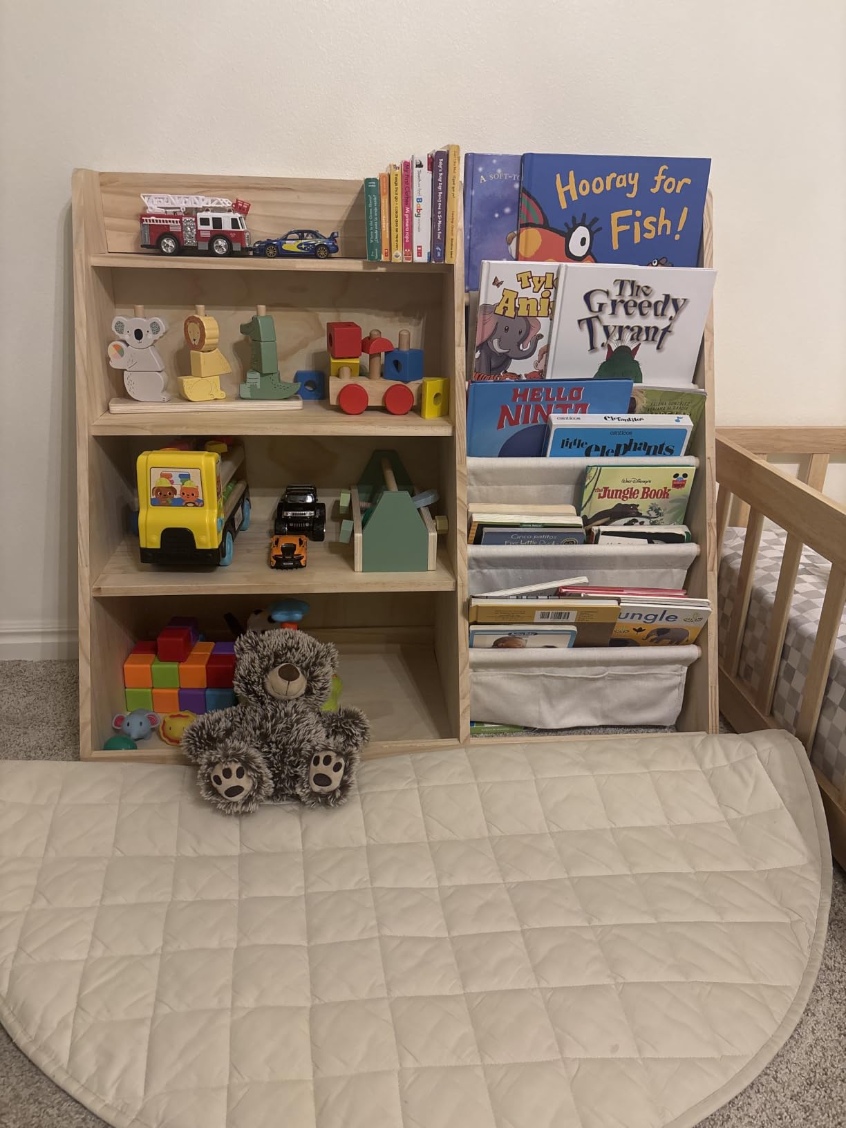 EXPERLAM Kids Bookshelf and Toy Storage Organizer, 4 Tier Wooden Kids Book Shelf with Sling Book Rack in Kids Room Playroom Nursery for Kids, Children, Toddlers customer photo 1