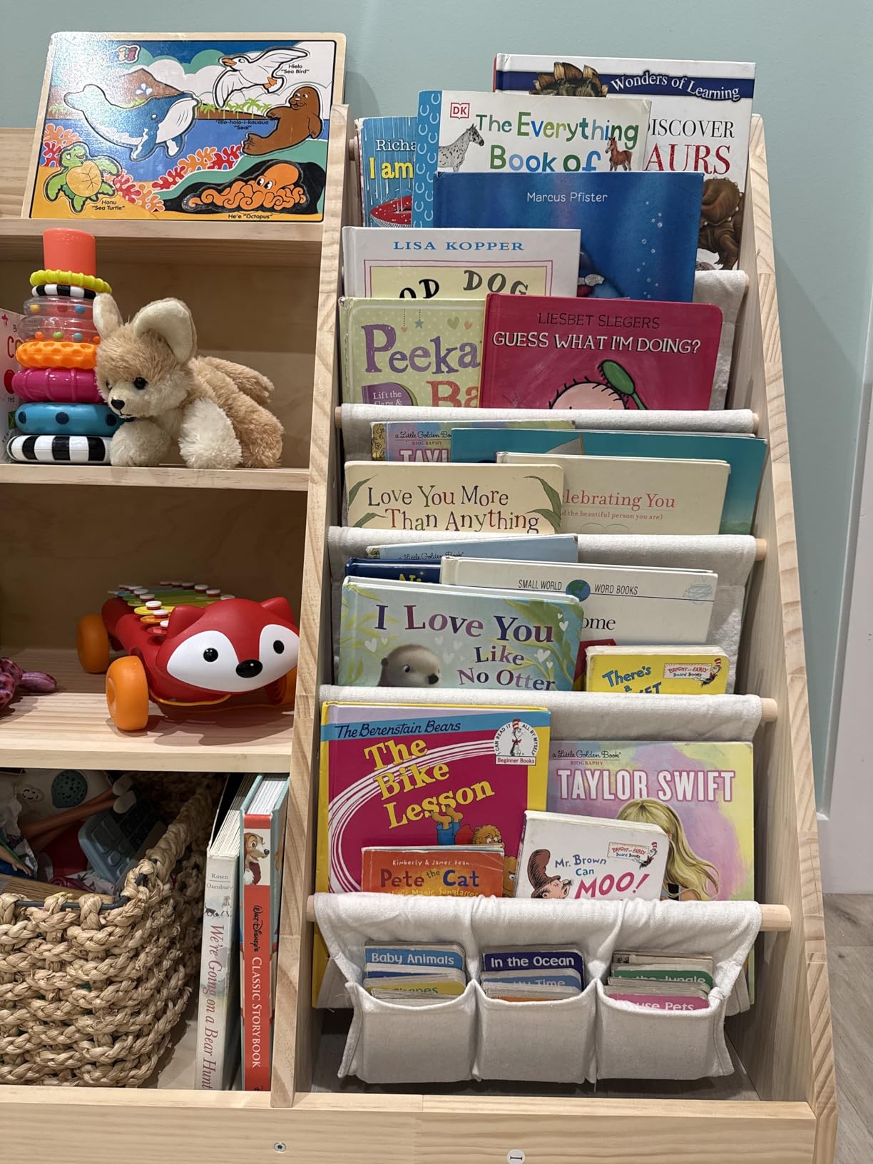 EXPERLAM Kids Bookshelf and Toy Storage Organizer, 4 Tier Wooden Kids Book Shelf with Sling Book Rack in Kids Room Playroom Nursery for Kids, Children, Toddlers customer photo 2