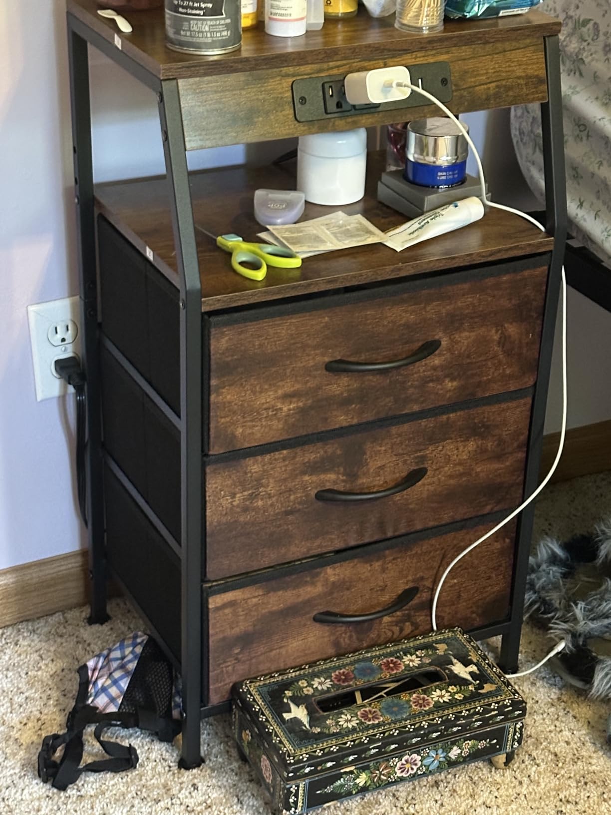 Furnulem Night Stand with Charging Station, 3 Fabric Drawers Bedside Table customer photo 2