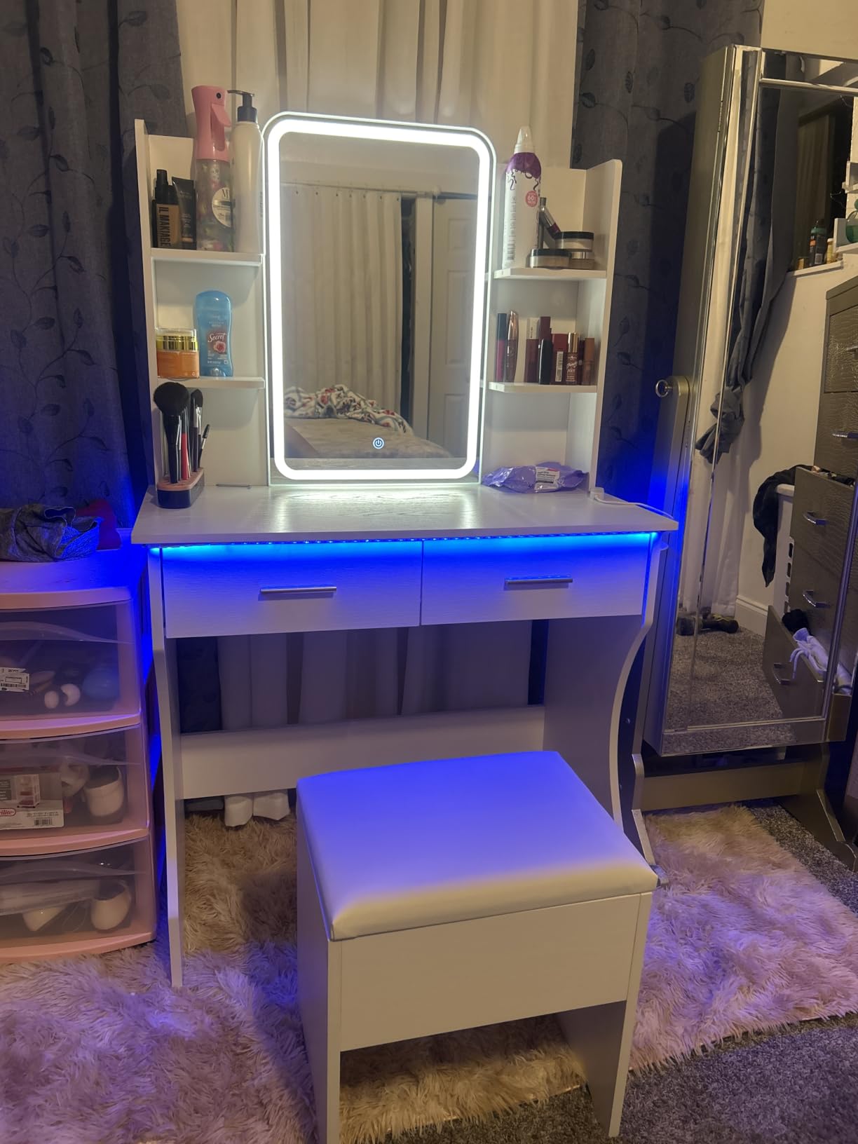 Vanity Desk with LED Lights Mirror & Power Outlet, Small Makeup Vanity Table Set with Storage Drawers & Chair, 3 Lighting Modes & Adjustable Brightness, Dressing Table for Women Girls Bedroom, White customer photo 2