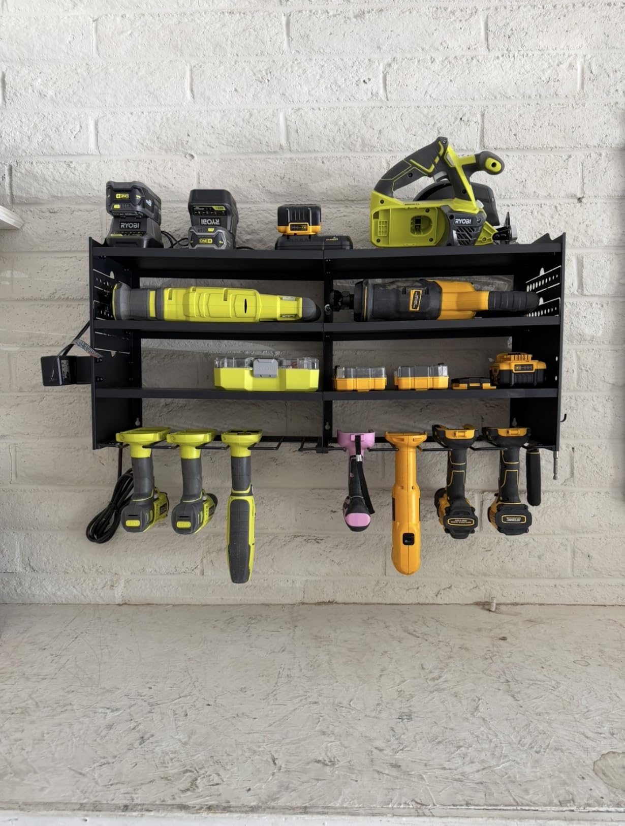 POKIPO Large Power Tool Organizer Wall Mount with Charging Station,4 Layer Heavy Duty Metal Tool Storage Rack Loads 600lbs with 8 Cordless Drill Holder,Battery Utility Rack Loads with 4 Power Strip customer photo 2