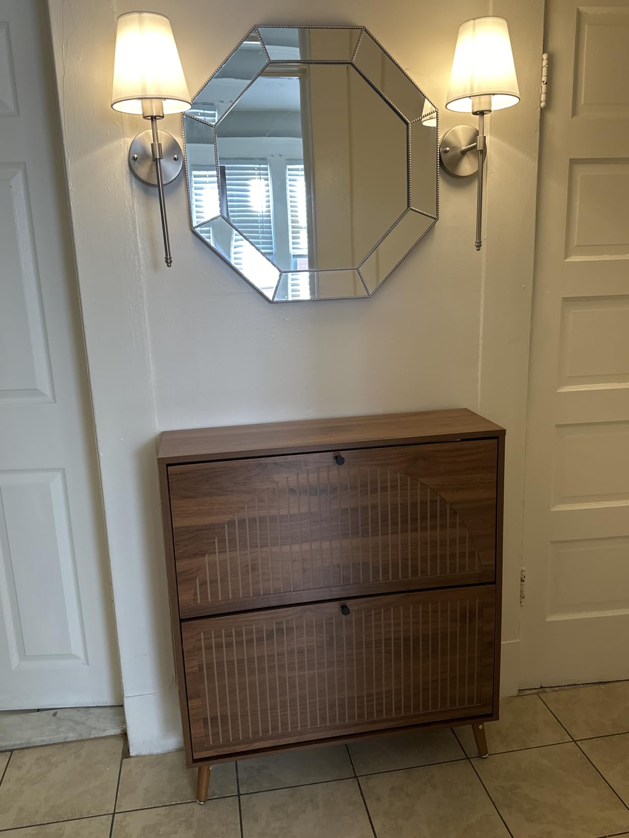 Fsbecl Shoe Cabinet Storage for Entryway with 2 Fluted Flip Drawers, Modern Freestanding Narrow Shoe Organizer with Adjust Shelves, Wooden Hidden Shoe Rack for Foyer, Hallway, Walnut customer photo 2
